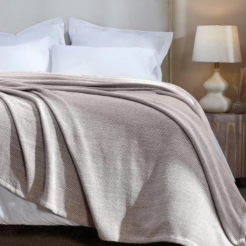 image:imageSUPERIOR Clara Cotton Blanket for Picnic Beach Traveling or Camping Bedroom Decor Essentials Cover for Bed Couch Lounging Textured Jacquard Striped Woven Blanket Twin IvoryBrown