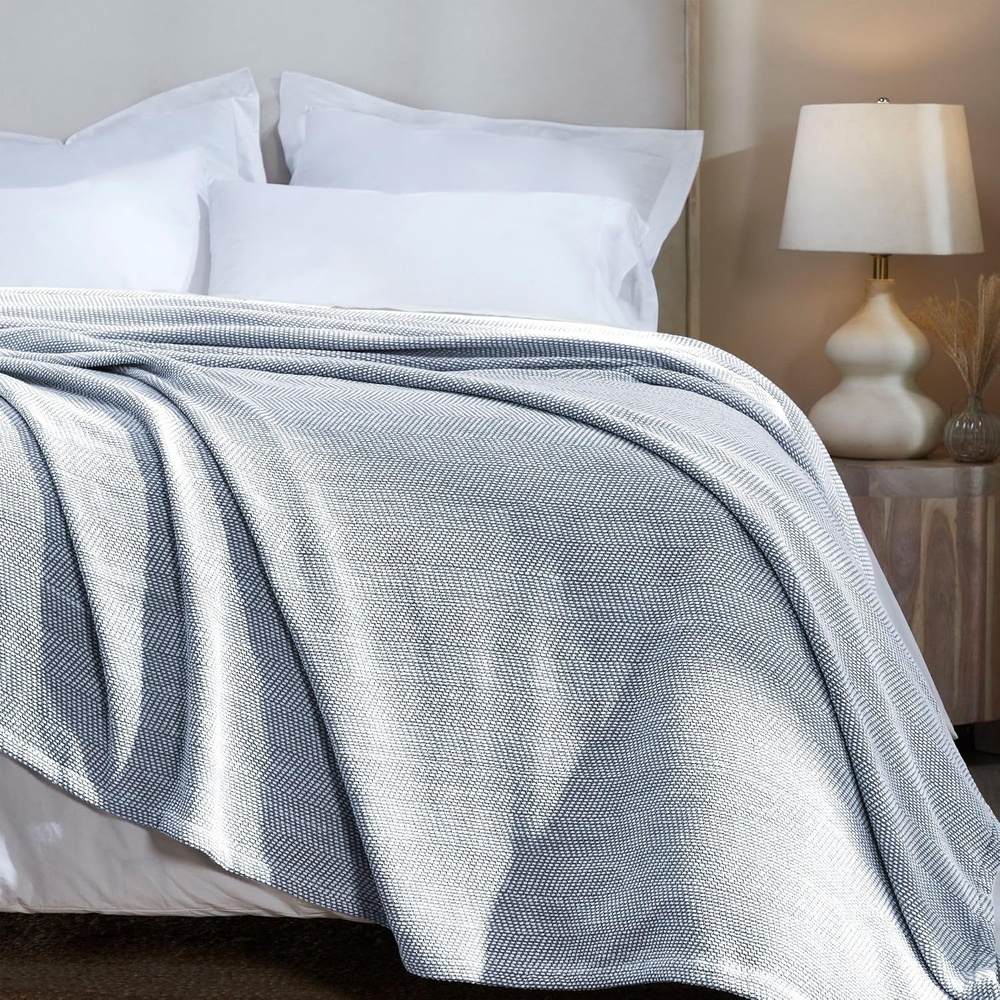 image:imageSUPERIOR Clara Cotton Blanket for Picnic Beach Traveling or Camping Bedroom Decor Essentials Cover for Bed Couch Lounging Textured Jacquard Striped Woven Blanket Twin IvoryBlue