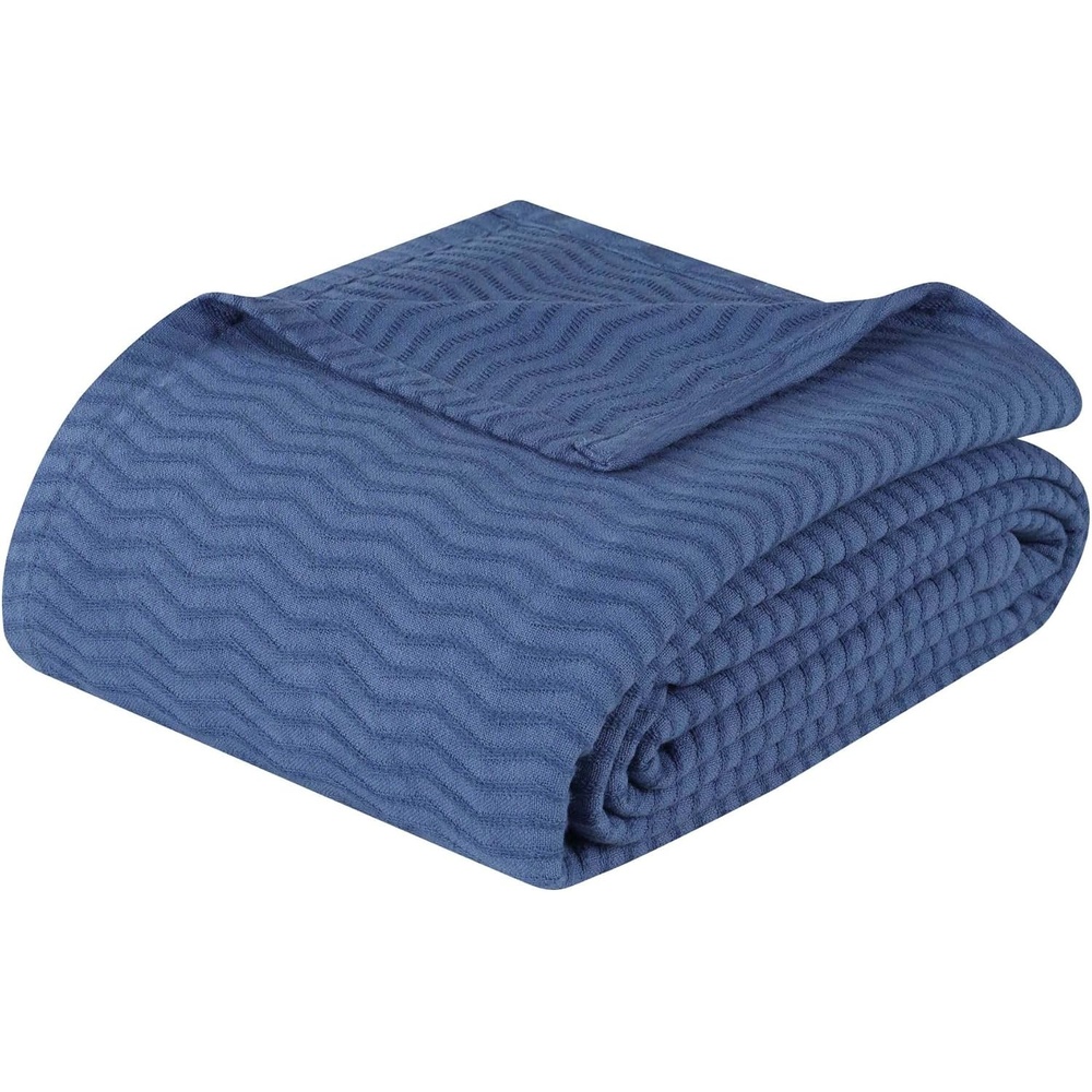image:imageSUPERIOR JENA Cotton Blanket for Picnic Beach Traveling or Camping Bedroom Decor Essentials Cover for Bed Couch Lounging Textured Jacquard Modern Chevron Woven Blanket FullQueen IvoryMerritt Blue