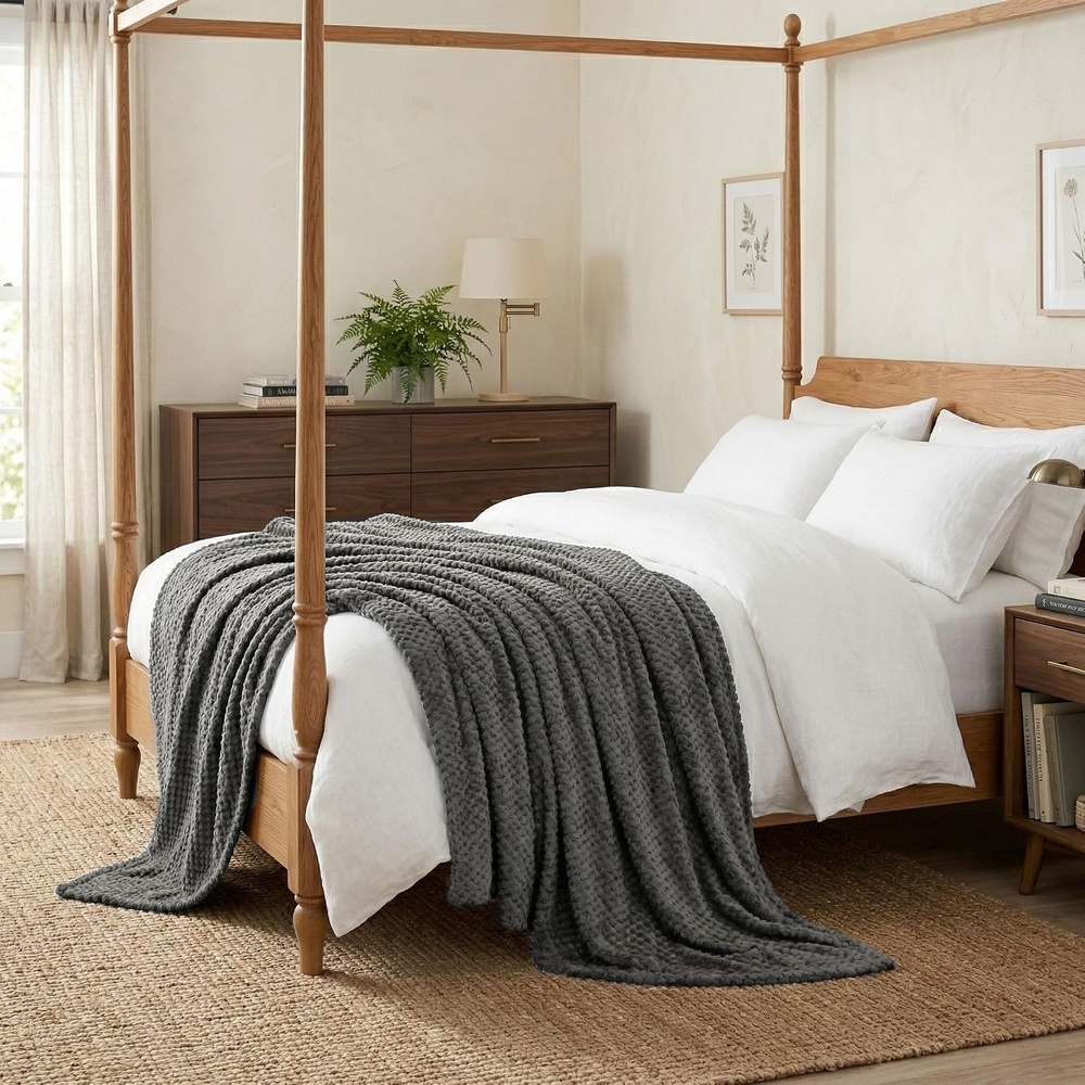 image:imageSUPERIOR Lily Pebbled Fluffy Fleece Blanket Artisanal Popcorn Texture Soft Throw for Couch Bed and Living Room Decor Bedroom Essentials Extra Cozy Fuzzy Warm Cover King Size WhiteCharcoal