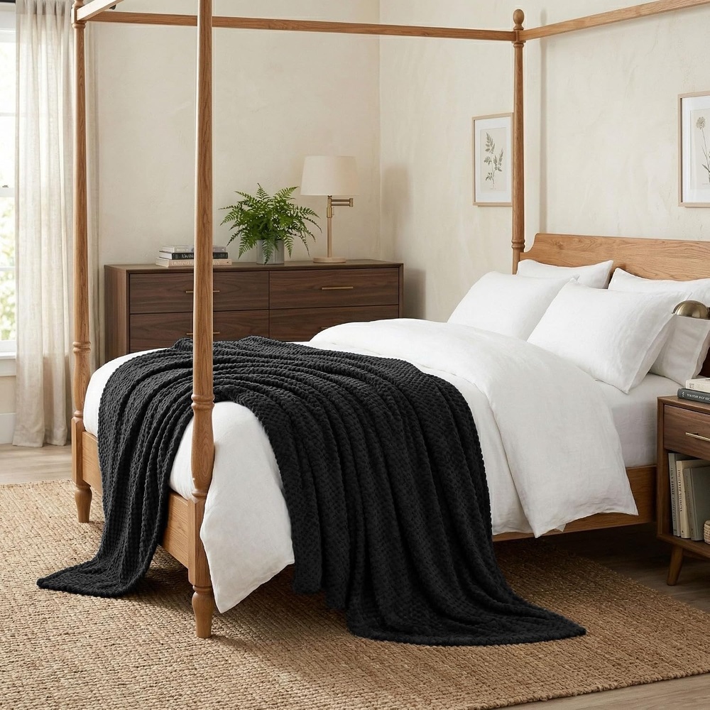image:imageSUPERIOR Lily Pebbled Fluffy Fleece Blanket Artisanal Popcorn Texture Soft Throw for Couch Bed and Living Room Decor Bedroom Essentials Extra Cozy Fuzzy Warm Cover King Size WhiteBlack