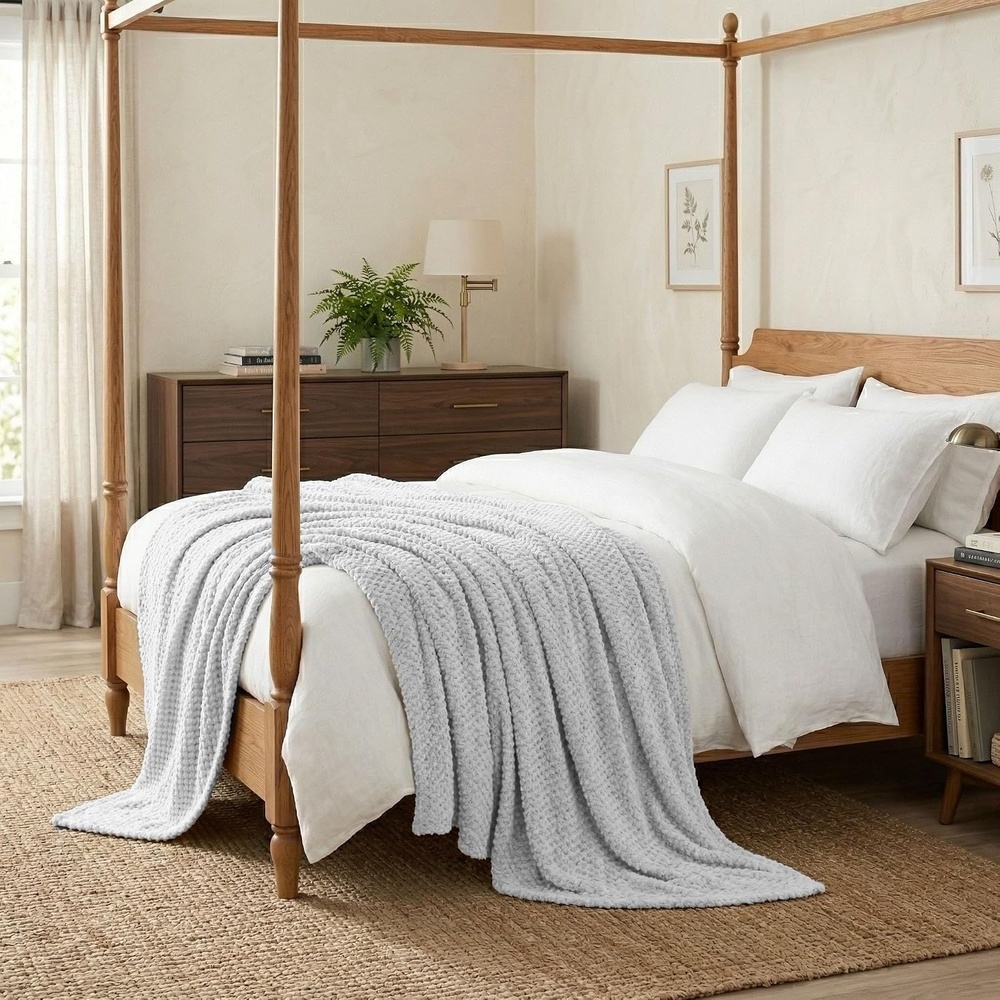 image:imageSUPERIOR Lily Pebbled Fluffy Fleece Blanket Artisanal Popcorn Texture Soft Throw for Couch Bed and Living Room Decor Bedroom Essentials Extra Cozy Fuzzy Warm Cover King Size WhitePlatinum