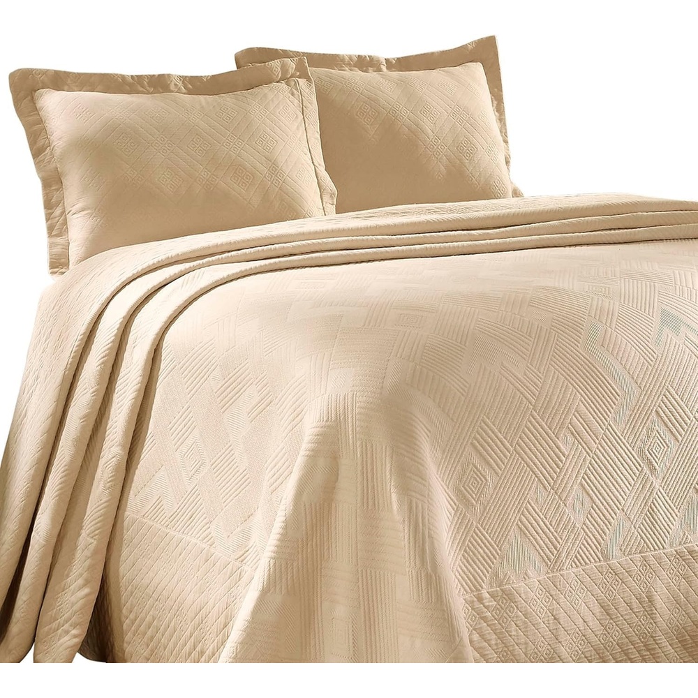 image:imageSuperior 100 Cotton Geometric Fret 3Piece Scalloped Bedspread Set Queen Ivory