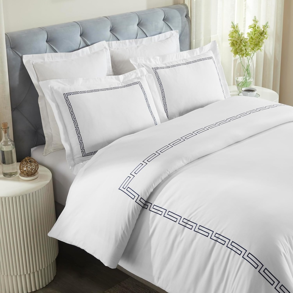 image:imageSuperior Embroidered Cotton Duvet Cover Set Soft Bedding Covers 1 Duvet Cover with Button Closure 2 Pillow Shams Greek Key Design Harrison Collection FullQueen Size WhiteWhiteWhitenavy Blue