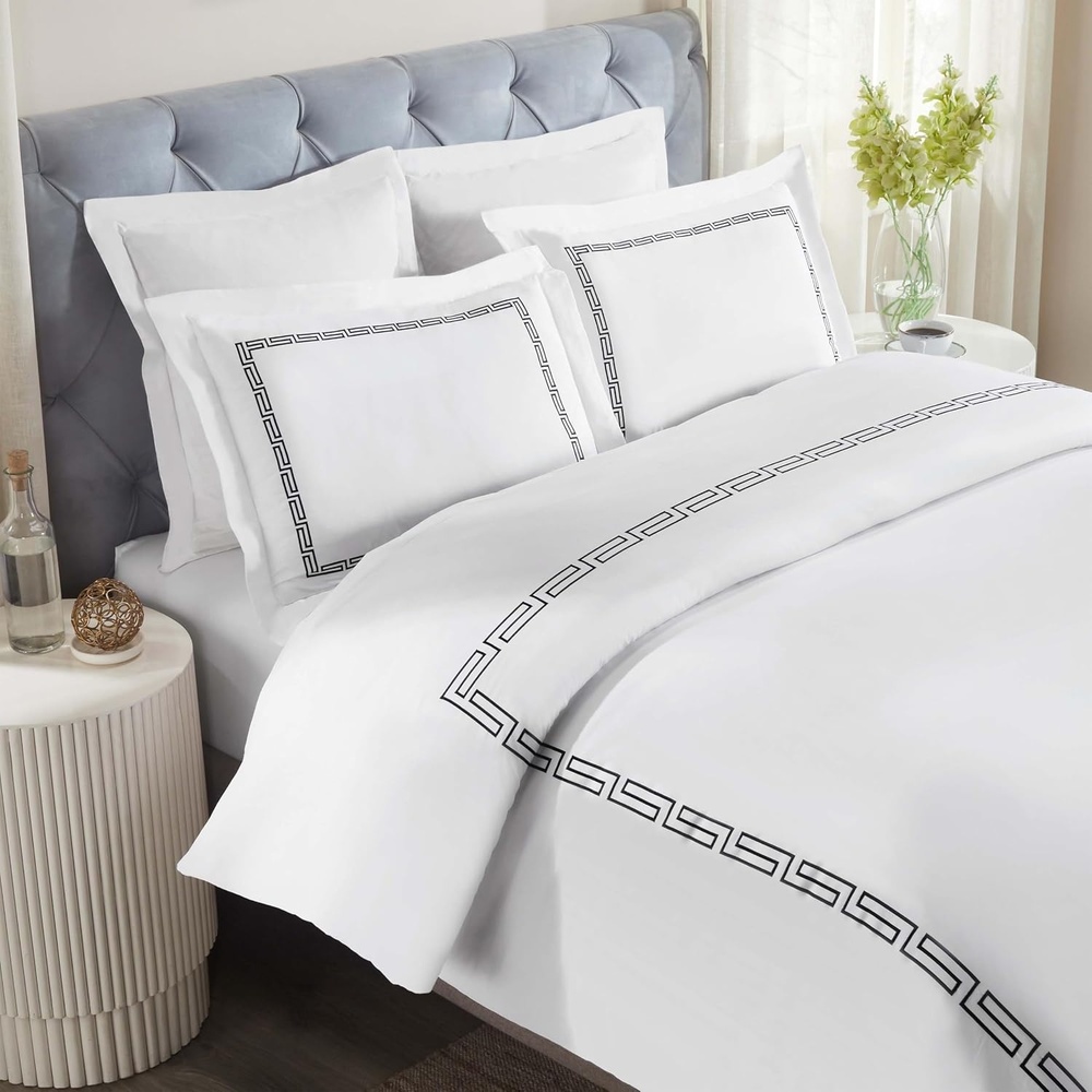 image:imageSuperior Embroidered Cotton Duvet Cover Set Soft Bedding Covers 1 Duvet Cover with Button Closure 2 Pillow Shams Greek Key Design Harrison Collection FullQueen Size WhiteWhiteWhiteblack