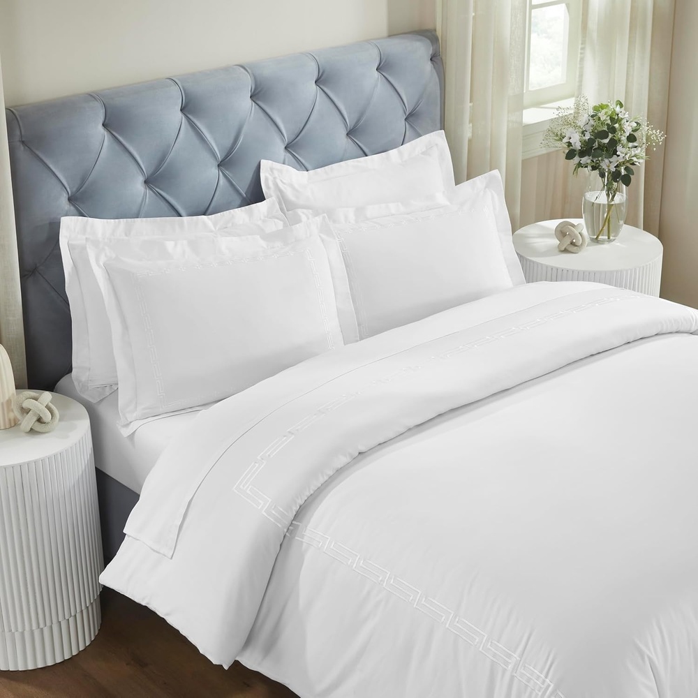 image:imageSuperior Embroidered Cotton Duvet Cover Set Soft Bedding Covers 1 Duvet Cover with Button Closure 2 Pillow Shams Greek Key Design Harrison Collection FullQueen Size WhiteWhiteWhitewhite