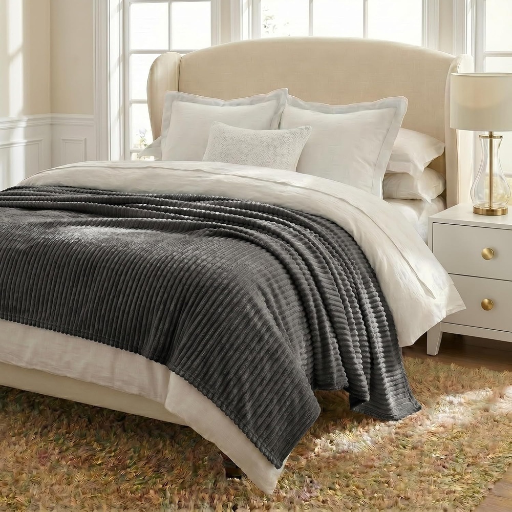 image:imageSuperior Kacey Ribbed Fluffy Fleece Blanket Textured Corduroy Style Tailored Throw for Couch Bed and Living Room Decor Bedroom Essentials Cozy Warm Thermal Cover King Size WhiteCharcoal