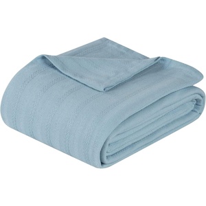 SUPERIOR Clara Cotton Blanket, for Picnic, Beach, Traveling or Camping, Bedroom Decor, Essentials, Cover for Bed, Couch, Lounging, Textured Jacquard, Striped Woven Blanket, Twin, Ivory(Light Blue)