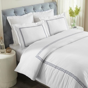 Superior Embroidered Cotton Duvet Cover Set, Soft Bedding Covers, 1 Duvet Cover with Button Closure, 2 Pillow Shams, Greek Key Design, Harrison Collection, Full/Queen Size, White/White(White-navy Blue)