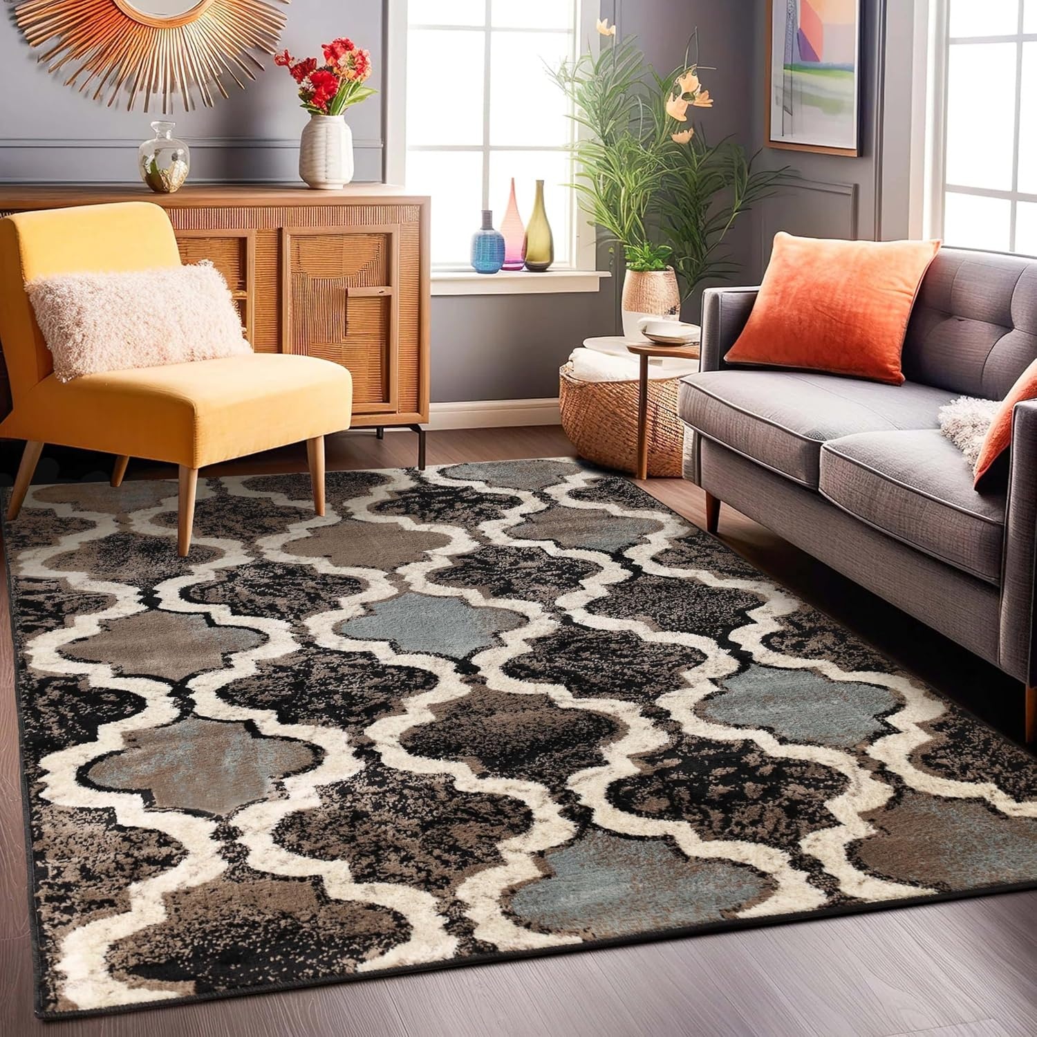 image:imageSuperior Modern Indoor Area Rug Non Slip Rug 8x8 IvoryA Chocolate