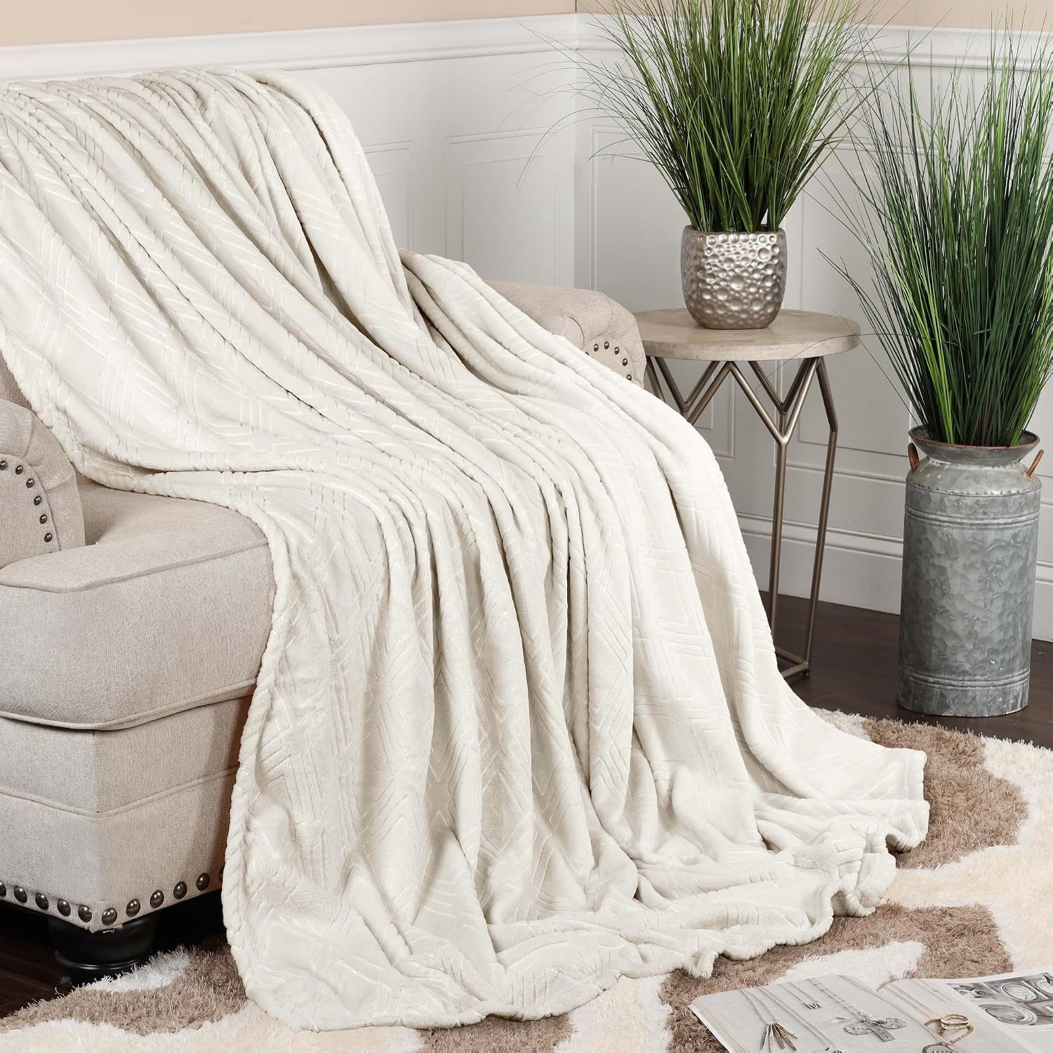 image:imageSuperior Fleece Diamond Fluffy Blanket Decorative Blankets for Bedroom Sofa Fuzzy Plush Soft Cute Room Decor Beautiful Cover Comfort Essentials Atka Collection King Size GreenIvory