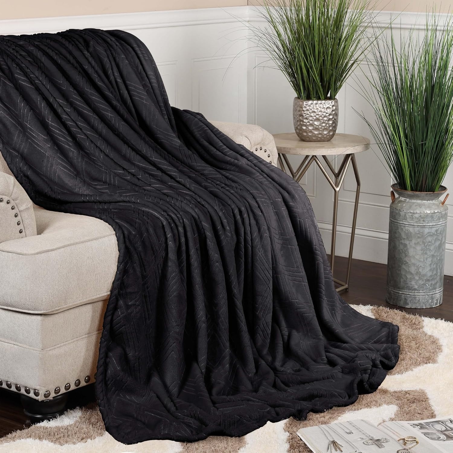 image:imageSuperior Fleece Diamond Fluffy Blanket Decorative Blankets for Bedroom Sofa Fuzzy Plush Soft Cute Room Decor Beautiful Cover Comfort Essentials Atka Collection King Size GreenBlack