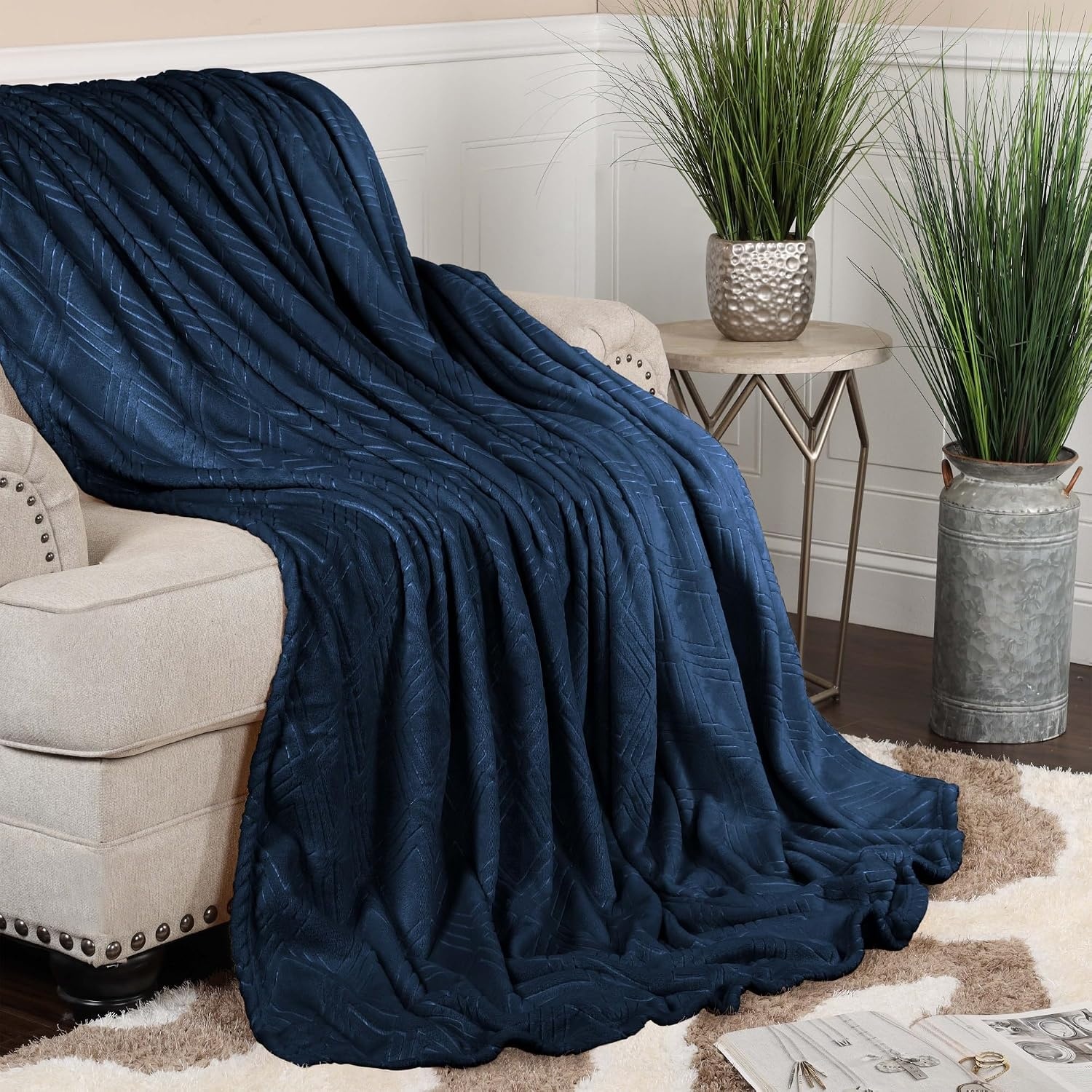 image:imageSuperior Fleece Diamond Fluffy Blanket Decorative Blankets for Bedroom Sofa Fuzzy Plush Soft Cute Room Decor Beautiful Cover Comfort Essentials Atka Collection King Size GreenNavy Blue