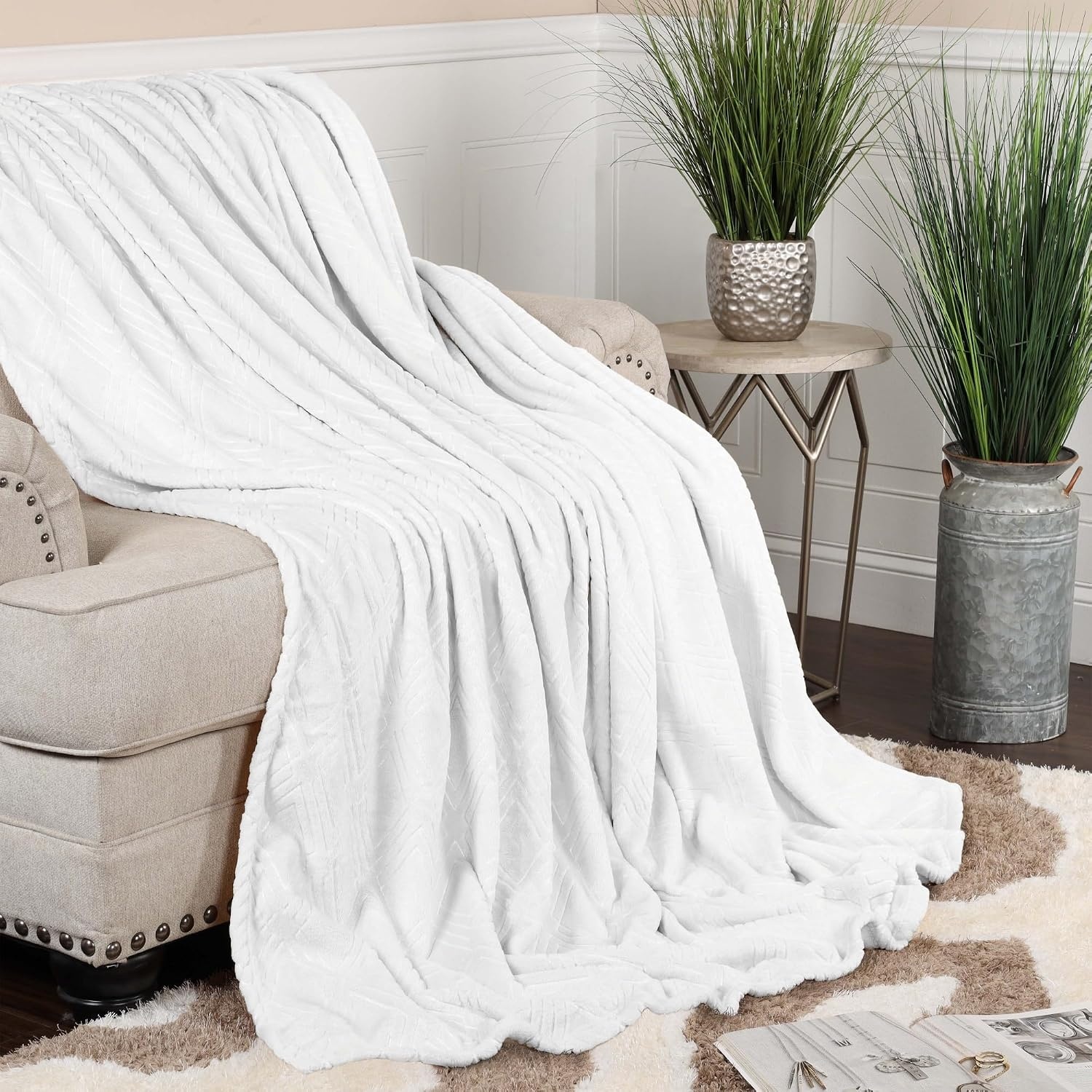 image:imageSuperior Fleece Diamond Fluffy Blanket Decorative Blankets for Bedroom Sofa Fuzzy Plush Soft Cute Room Decor Beautiful Cover Comfort Essentials Atka Collection King Size GreenWhite