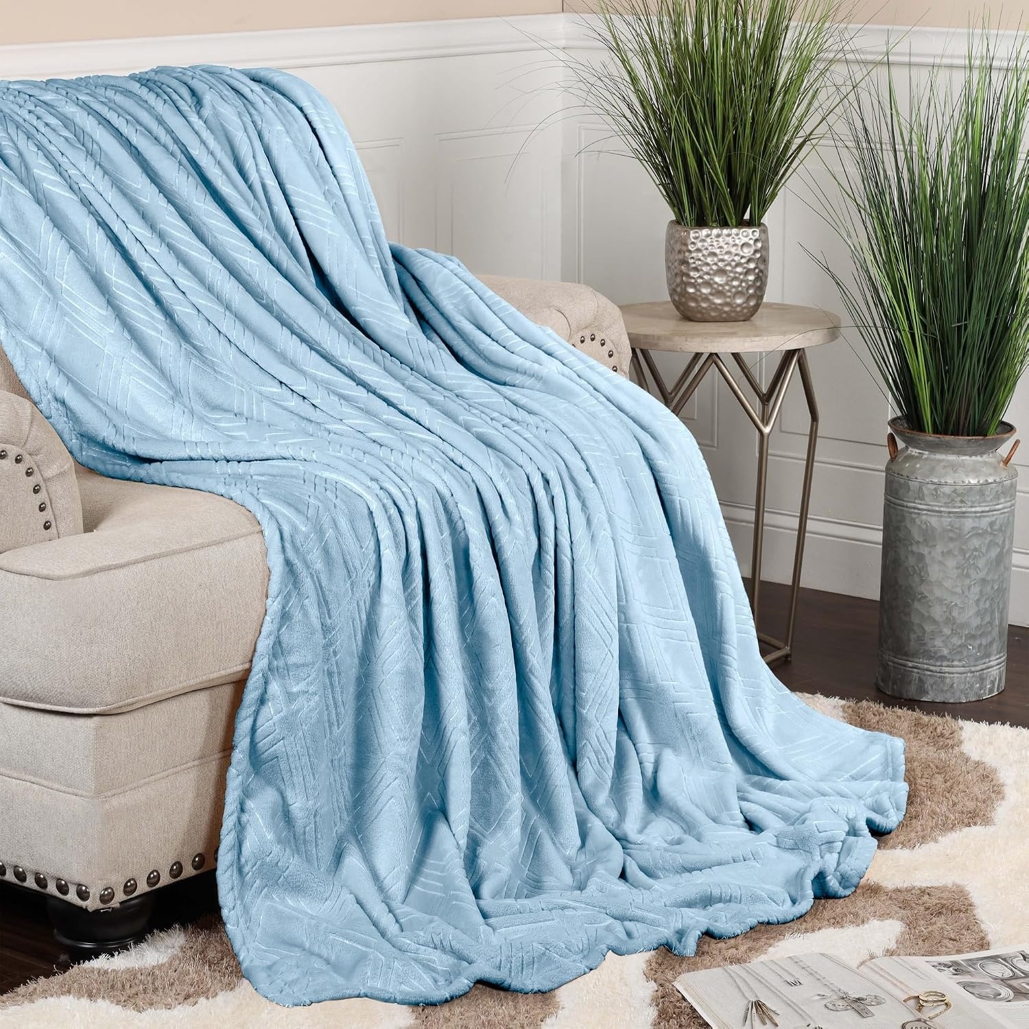image:imageSuperior Fleece Diamond Fluffy Blanket Decorative Blankets for Bedroom Sofa Fuzzy Plush Soft Cute Room Decor Beautiful Cover Comfort Essentials Atka Collection King Size GreenLight Blue