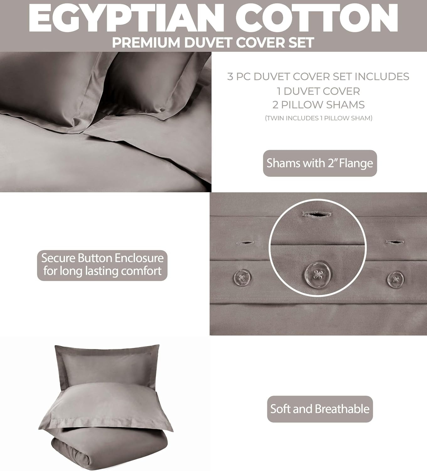 image:imageSuperior Egyptian Cotton 400 Thread Count Duvet Cover Set Soft Comforter Covers Luxury Bedding Essentials Button Closure Includes 1 Duvet Cover 2 Pillow Shams FullQueen WhiteGrey Z