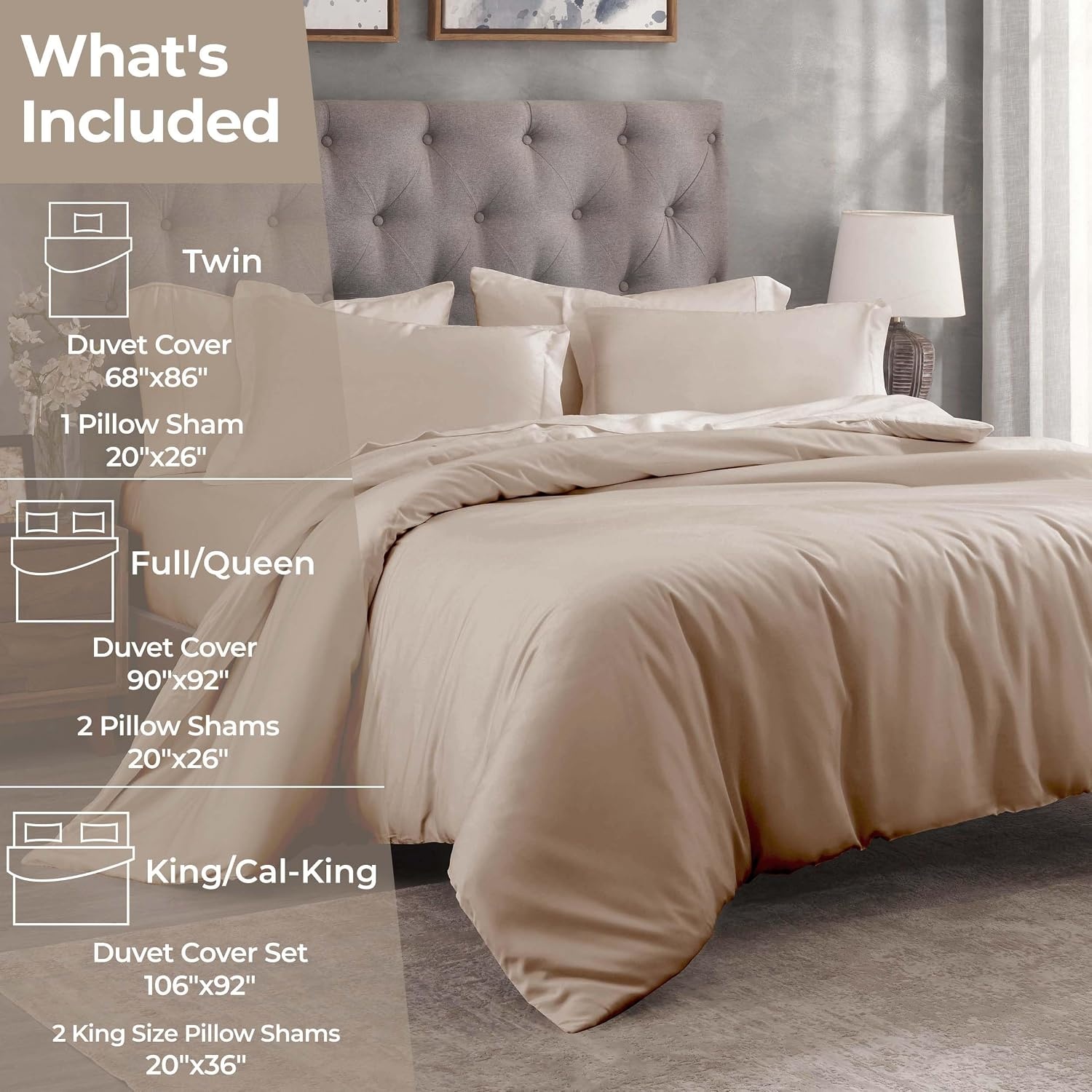 image:imageSuperior Egyptian Cotton 400 Thread Count Duvet Cover Set Soft Comforter Covers Luxury Bedding Essentials Button Closure Includes 1 Duvet Cover 2 Pillow Shams FullQueen WhiteTan Z