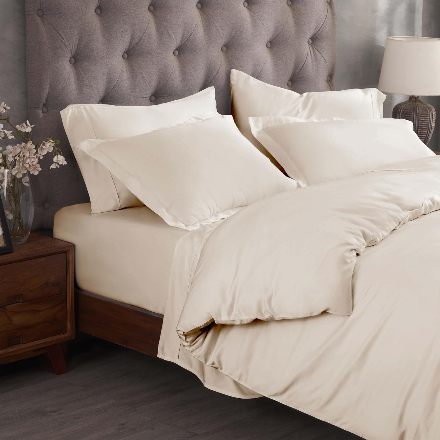 image:imageSuperior Egyptian Cotton 400 Thread Count Duvet Cover Set Soft Comforter Covers Luxury Bedding Essentials Button Closure Includes 1 Duvet Cover 2 Pillow Shams FullQueen WhiteIvory Z