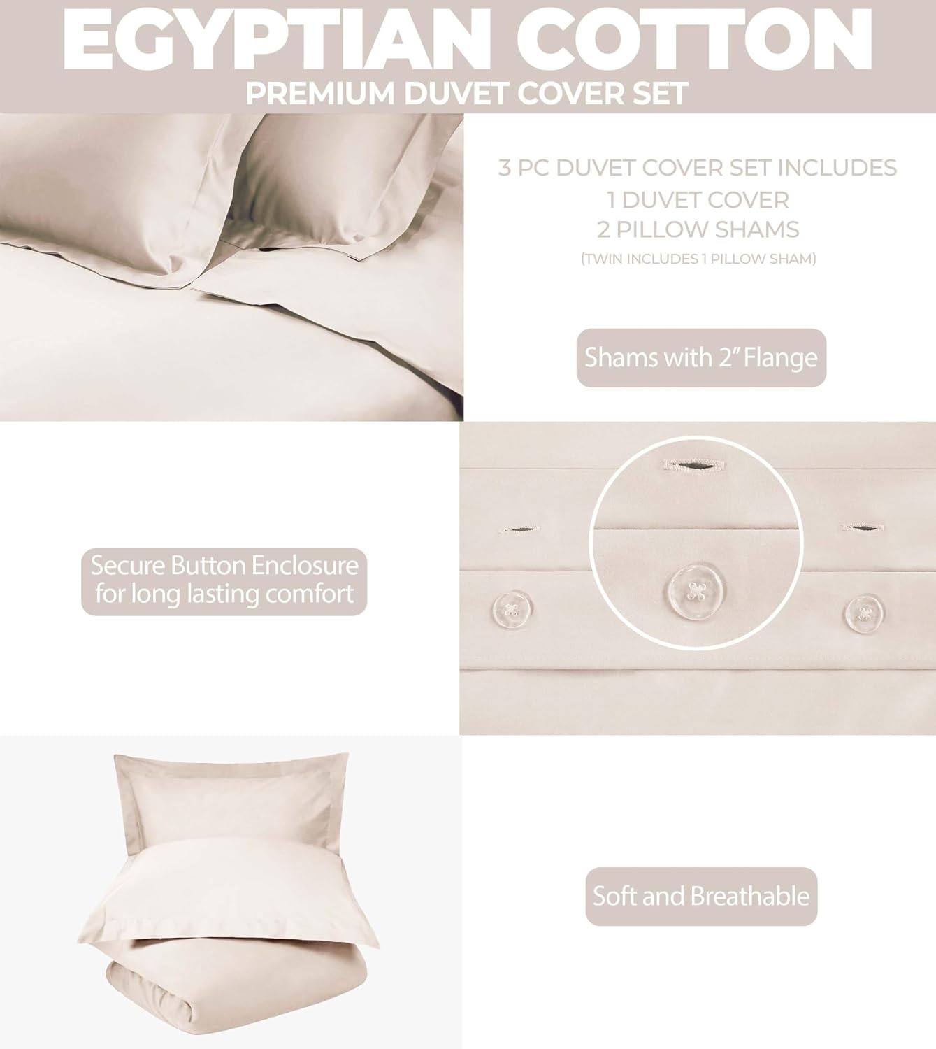image:imageSuperior Egyptian Cotton 400 Thread Count Duvet Cover Set Soft Comforter Covers Luxury Bedding Essentials Button Closure Includes 1 Duvet Cover 2 Pillow Shams FullQueen WhiteIvory Z