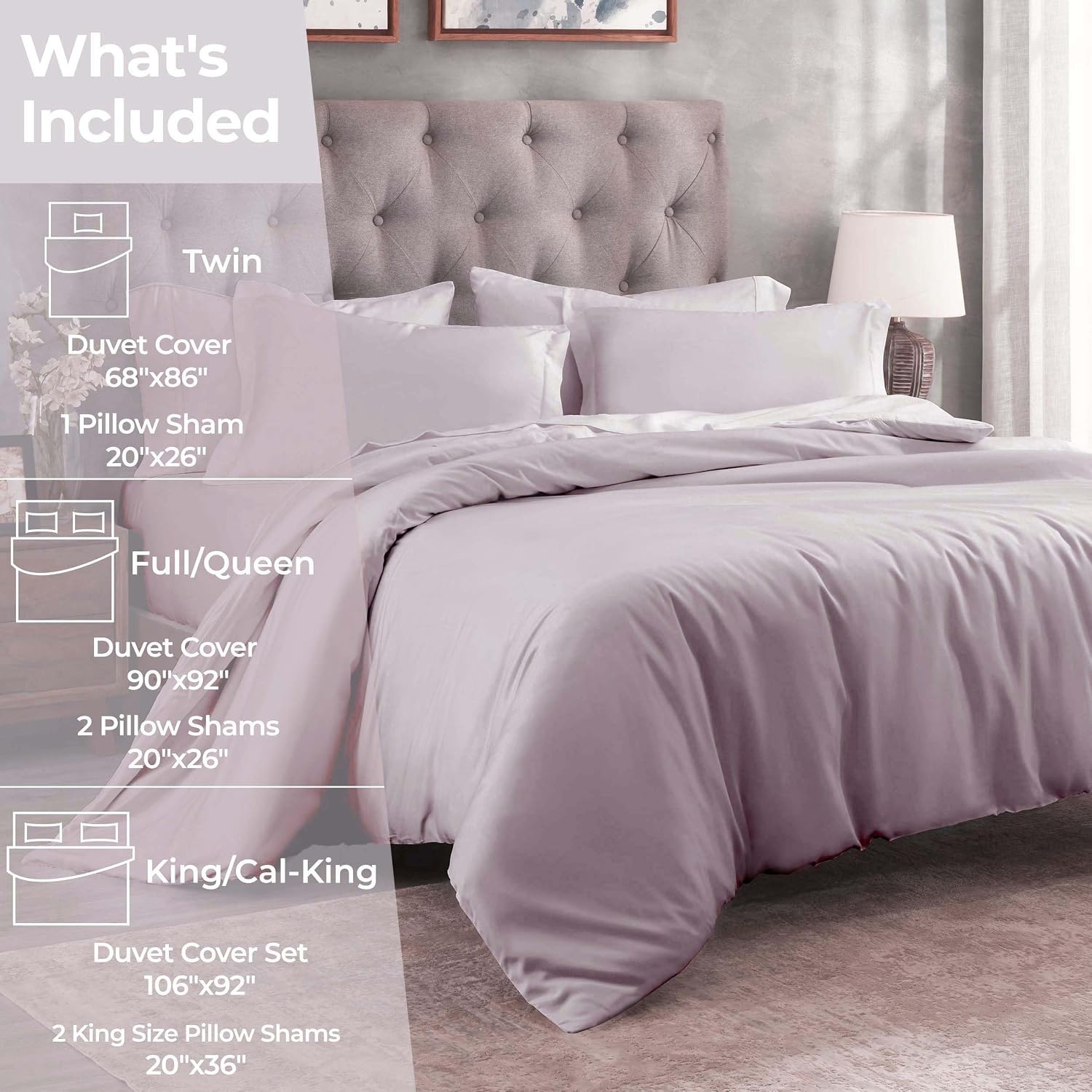 image:imageSuperior Egyptian Cotton 400 Thread Count Duvet Cover Set Soft Comforter Covers Luxury Bedding Essentials Button Closure Includes 1 Duvet Cover 2 Pillow Shams FullQueen WhiteLilac Z
