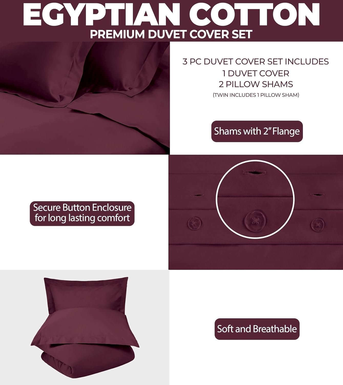 image:imageSuperior Egyptian Cotton 400 Thread Count Duvet Cover Set Soft Comforter Covers Luxury Bedding Essentials Button Closure Includes 1 Duvet Cover 2 Pillow Shams FullQueen WhitePlum Z