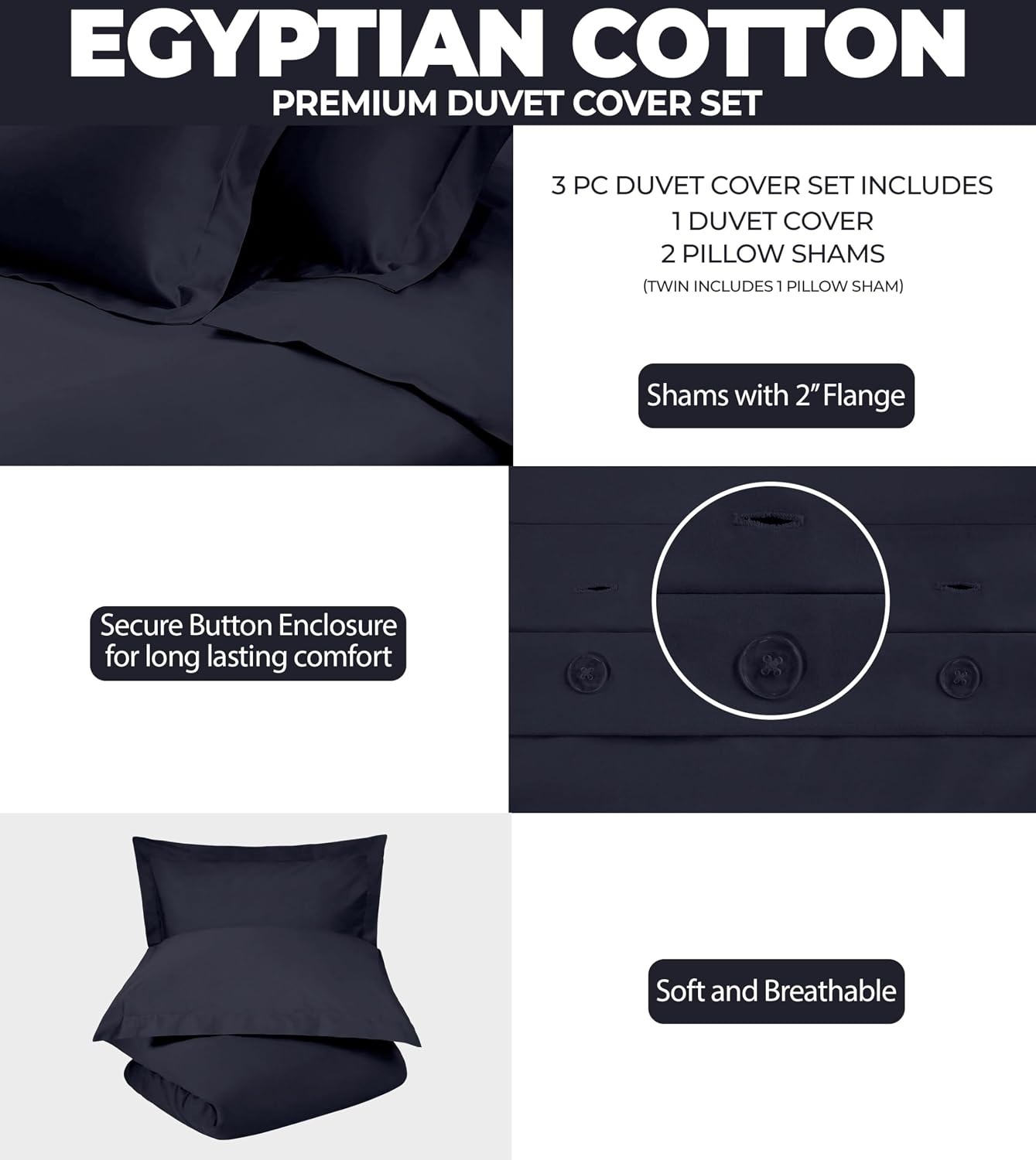 image:imageSuperior Egyptian Cotton 400 Thread Count Duvet Cover Set Soft Comforter Covers Luxury Bedding Essentials Button Closure Includes 1 Duvet Cover 2 Pillow Shams FullQueen WhiteNavy Blue Z