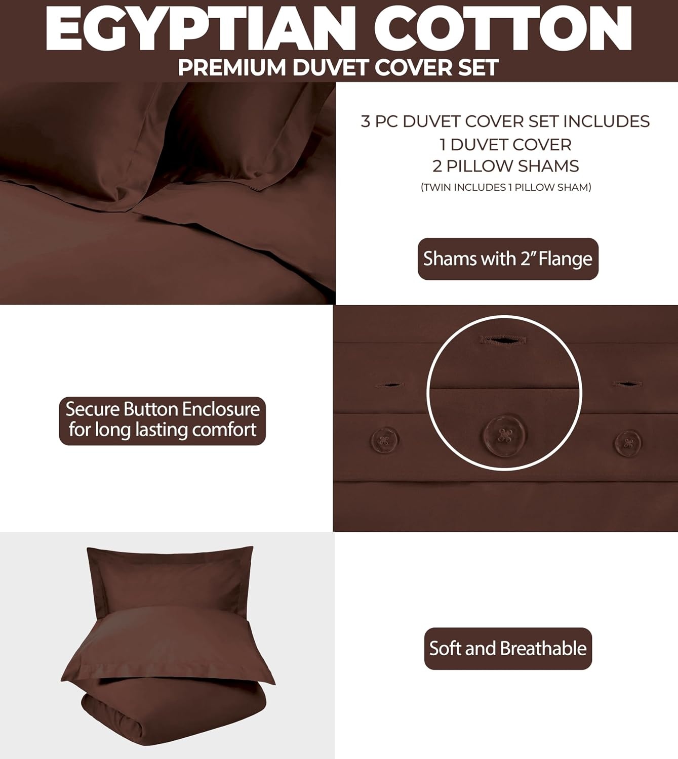 image:imageSuperior Egyptian Cotton 400 Thread Count Duvet Cover Set Soft Comforter Covers Luxury Bedding Essentials Button Closure Includes 1 Duvet Cover 2 Pillow Shams FullQueen WhiteMocha Z