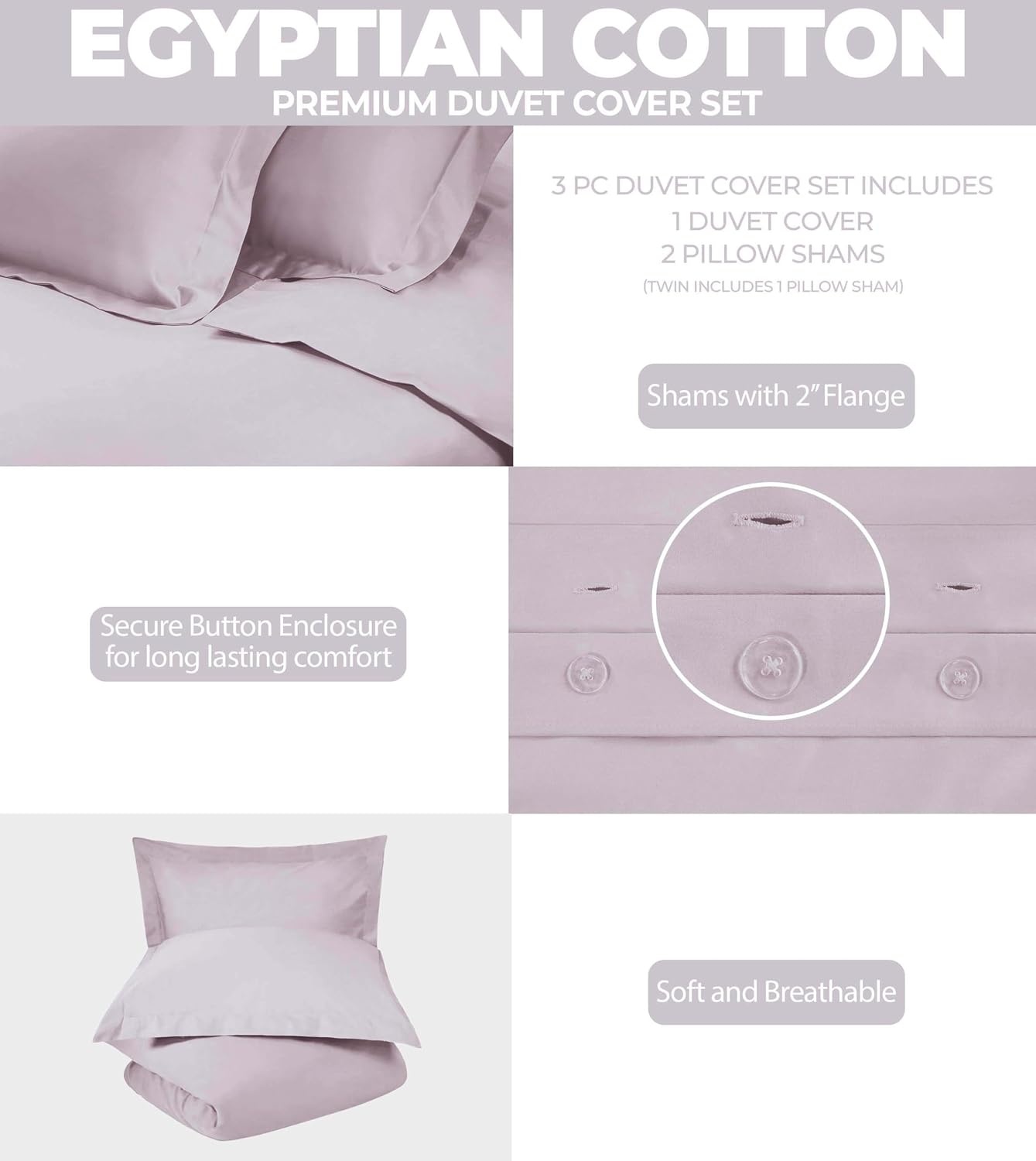 image:imageSuperior Egyptian Cotton 400 Thread Count Duvet Cover Set Soft Comforter Covers Luxury Bedding Essentials Button Closure Includes 1 Duvet Cover 2 Pillow Shams FullQueen WhiteLilac Z