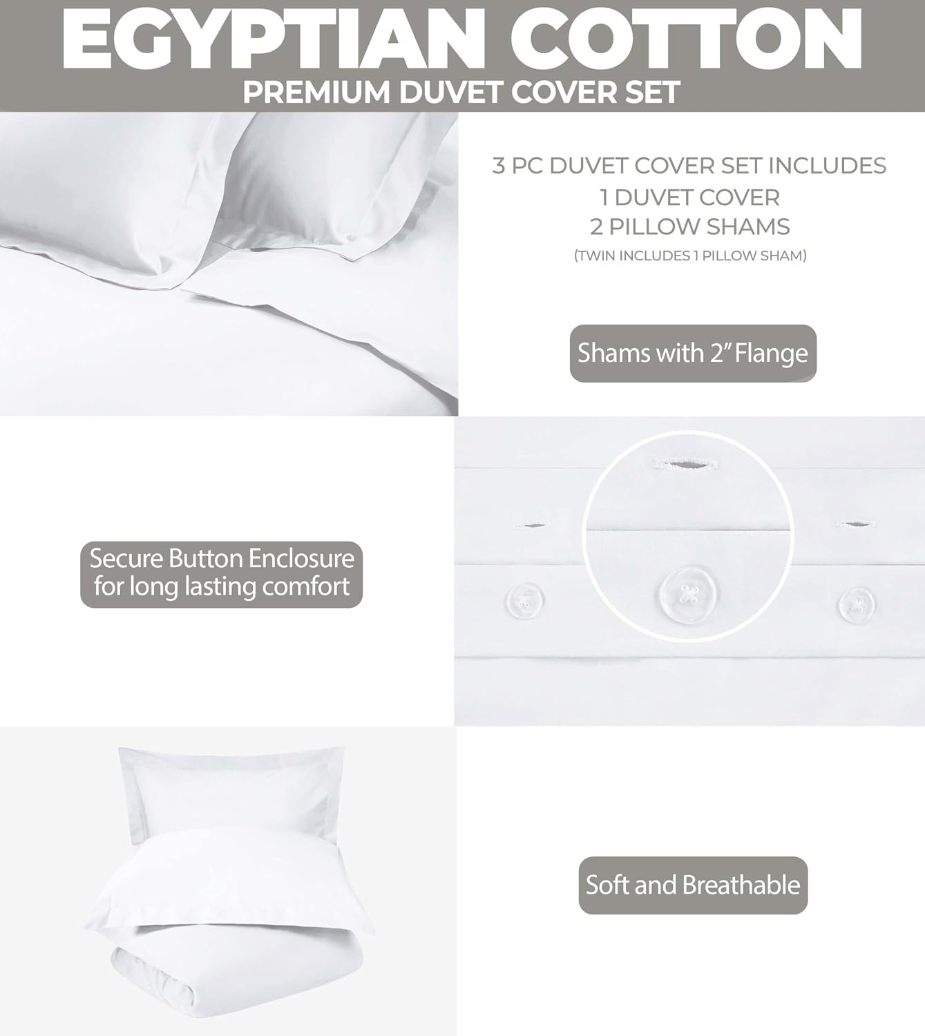 image:imageSuperior Egyptian Cotton 400 Thread Count Duvet Cover Set Soft Comforter Covers Luxury Bedding Essentials Button Closure Includes 1 Duvet Cover 2 Pillow Shams FullQueen WhiteWhite Z
