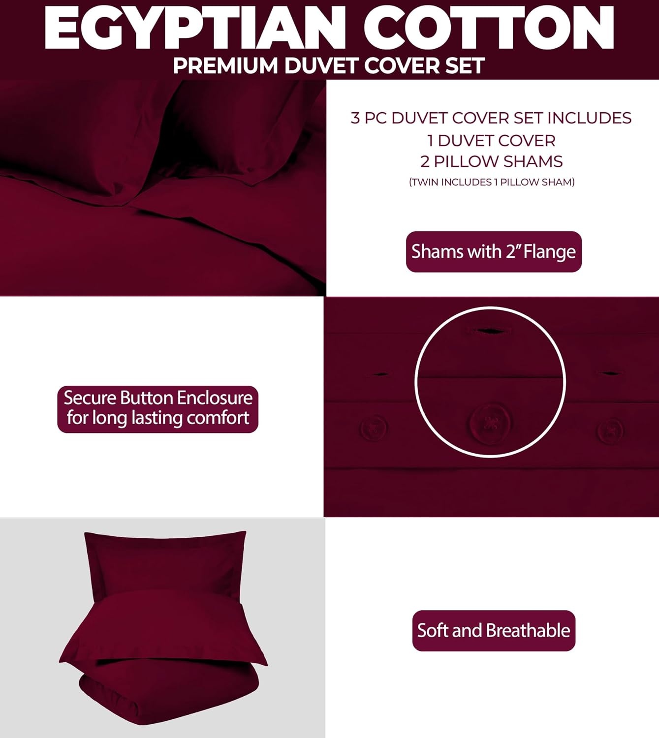 image:imageSuperior Egyptian Cotton 400 Thread Count Duvet Cover Set Soft Comforter Covers Luxury Bedding Essentials Button Closure Includes 1 Duvet Cover 2 Pillow Shams FullQueen WhiteBurgundy Z