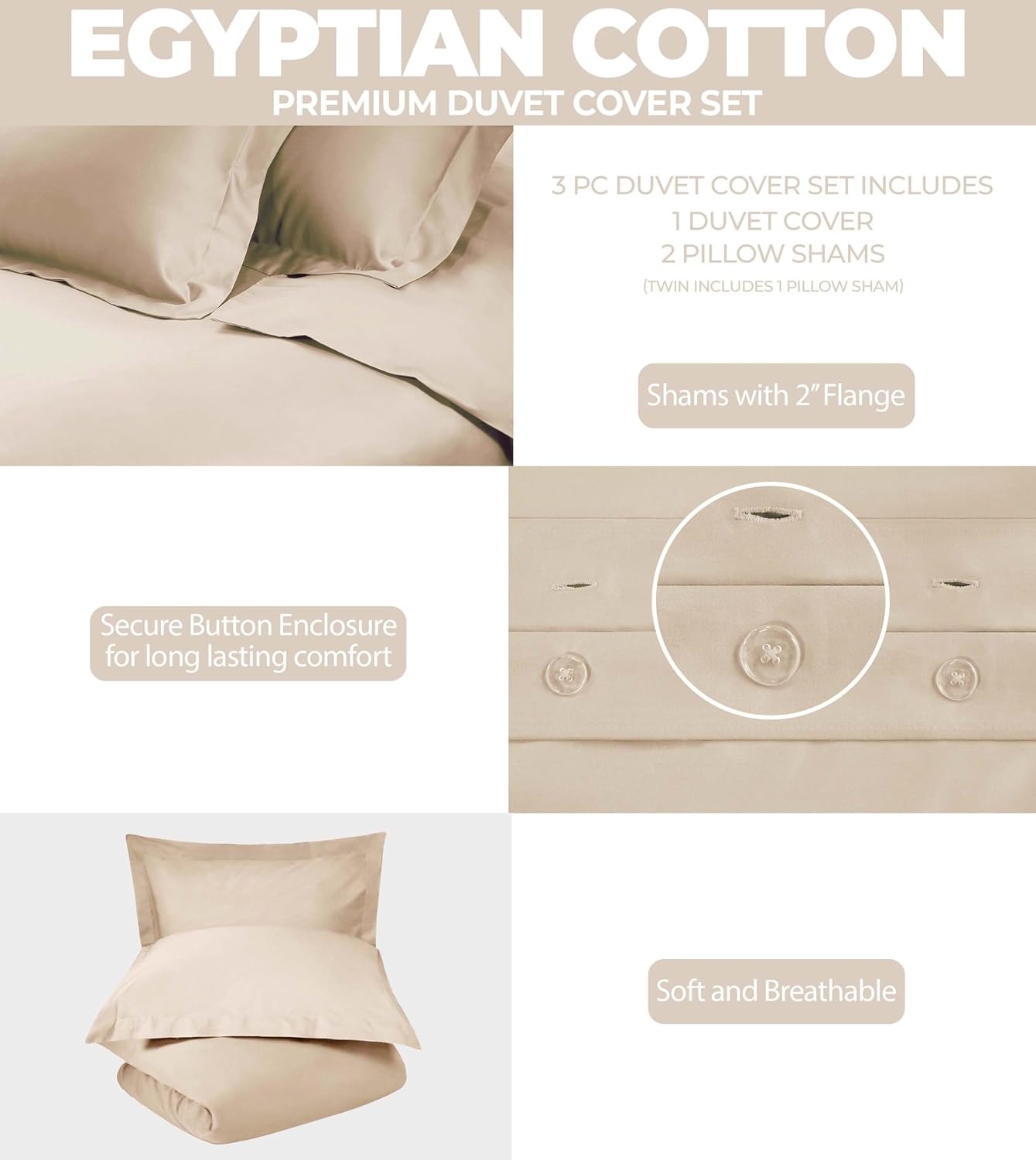 image:imageSuperior Egyptian Cotton 400 Thread Count Duvet Cover Set Soft Comforter Covers Luxury Bedding Essentials Button Closure Includes 1 Duvet Cover 2 Pillow Shams FullQueen WhiteTan Z