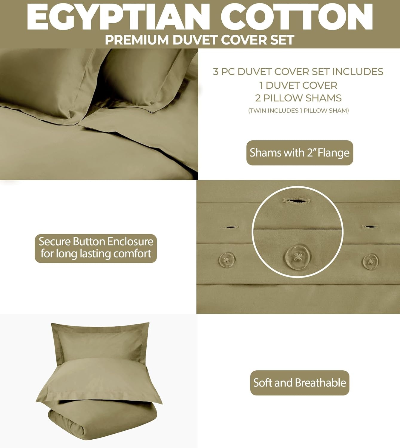 image:imageSuperior Egyptian Cotton 400 Thread Count Duvet Cover Set Soft Comforter Covers Luxury Bedding Essentials Button Closure Includes 1 Duvet Cover 2 Pillow Shams FullQueen WhiteSage Z