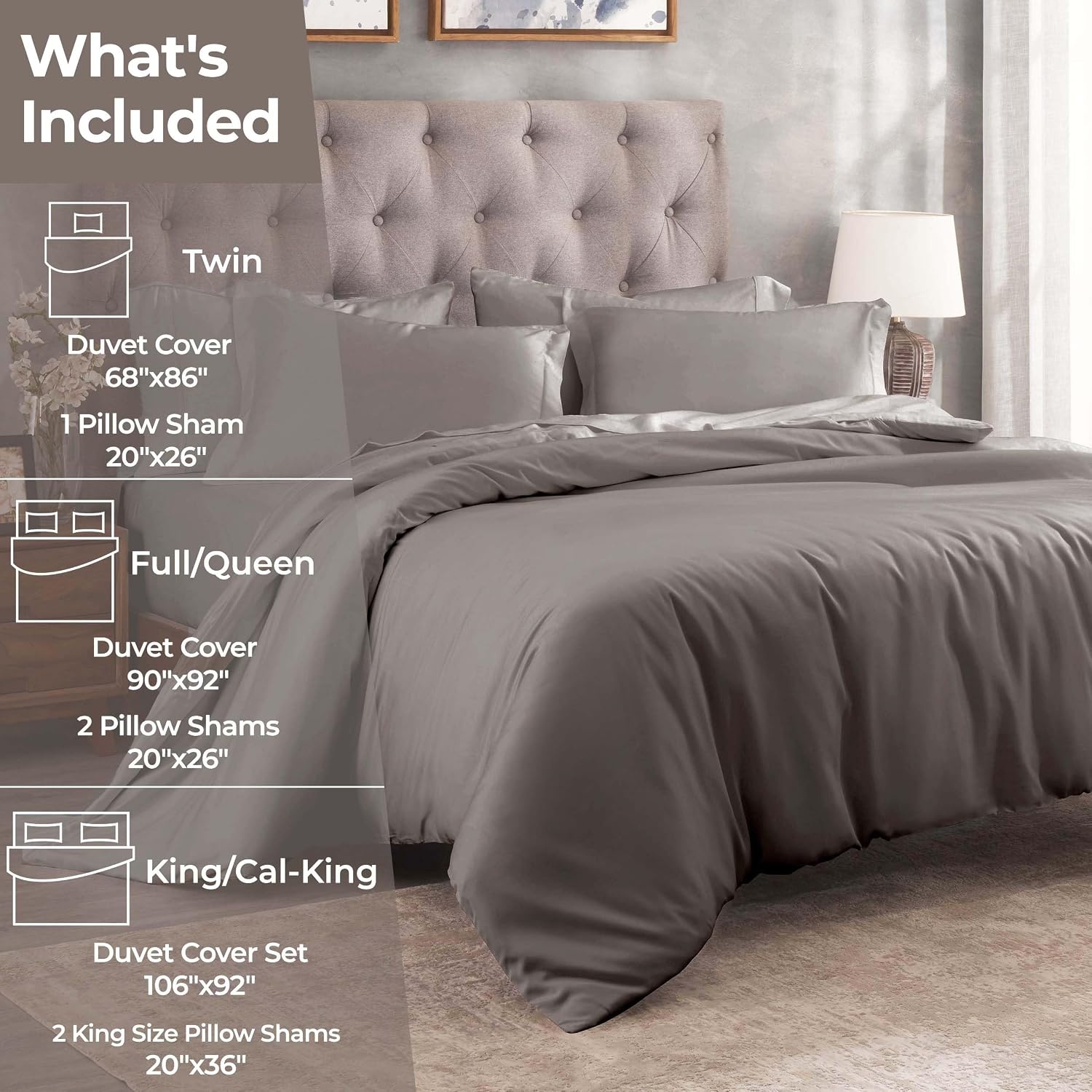 image:imageSuperior Egyptian Cotton 400 Thread Count Duvet Cover Set Soft Comforter Covers Luxury Bedding Essentials Button Closure Includes 1 Duvet Cover 2 Pillow Shams FullQueen WhiteGrey Z