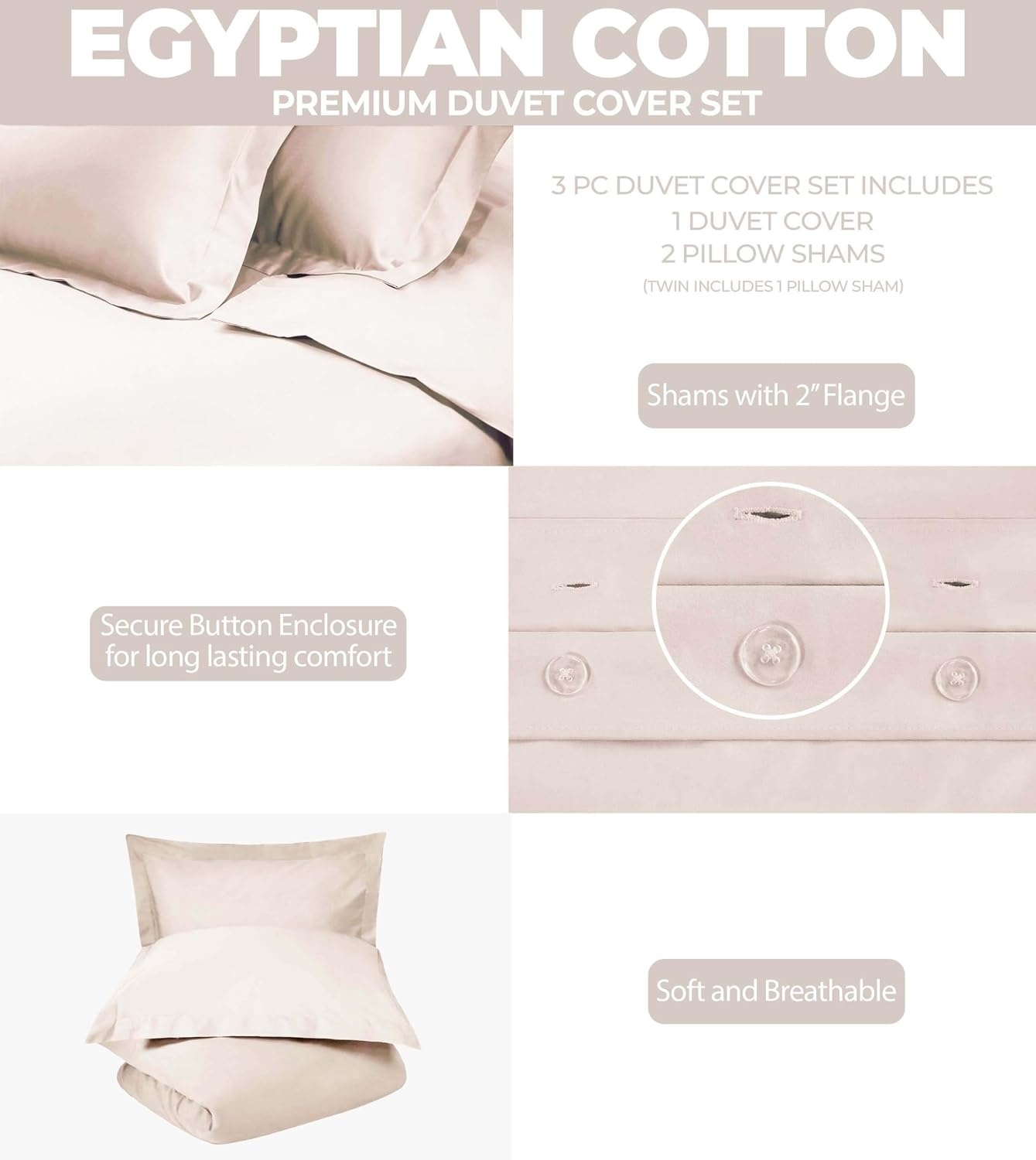 image:imageSuperior Egyptian Cotton 400 Thread Count Duvet Cover Set Soft Comforter Covers Luxury Bedding Essentials Button Closure Includes 1 Duvet Cover 2 Pillow Shams FullQueen WhitePink Z