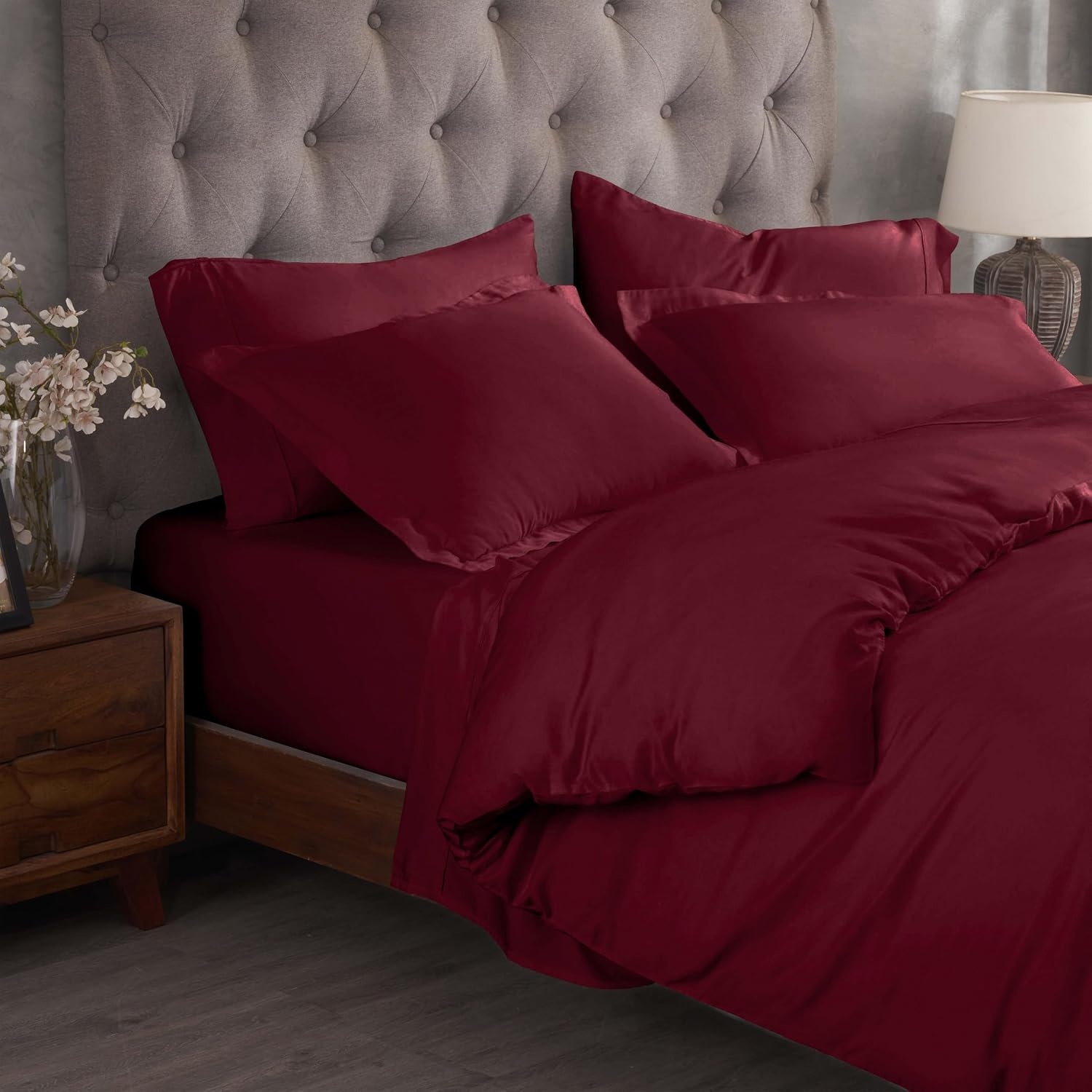 image:imageSuperior Egyptian Cotton 400 Thread Count Duvet Cover Set Soft Comforter Covers Luxury Bedding Essentials Button Closure Includes 1 Duvet Cover 2 Pillow Shams FullQueen WhiteBurgundy Z