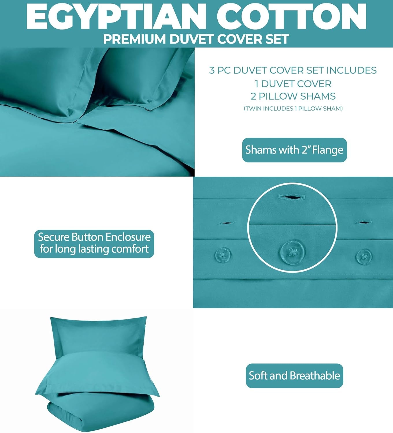 image:imageSuperior Egyptian Cotton 400 Thread Count Duvet Cover Set Soft Comforter Covers Luxury Bedding Essentials Button Closure Includes 1 Duvet Cover 2 Pillow Shams FullQueen WhiteTeal Z