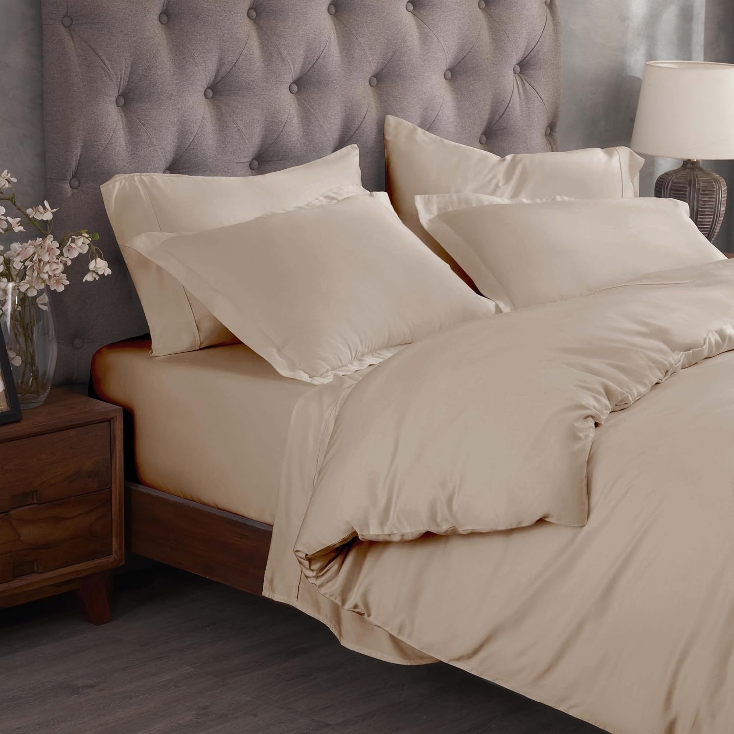 image:imageSuperior Egyptian Cotton 400 Thread Count Duvet Cover Set Soft Comforter Covers Luxury Bedding Essentials Button Closure Includes 1 Duvet Cover 2 Pillow Shams FullQueen WhiteTan Z