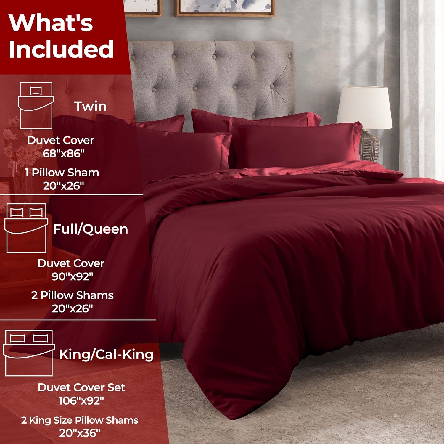 image:imageSuperior Egyptian Cotton 400 Thread Count Duvet Cover Set Soft Comforter Covers Luxury Bedding Essentials Button Closure Includes 1 Duvet Cover 2 Pillow Shams FullQueen WhiteBurgundy Z