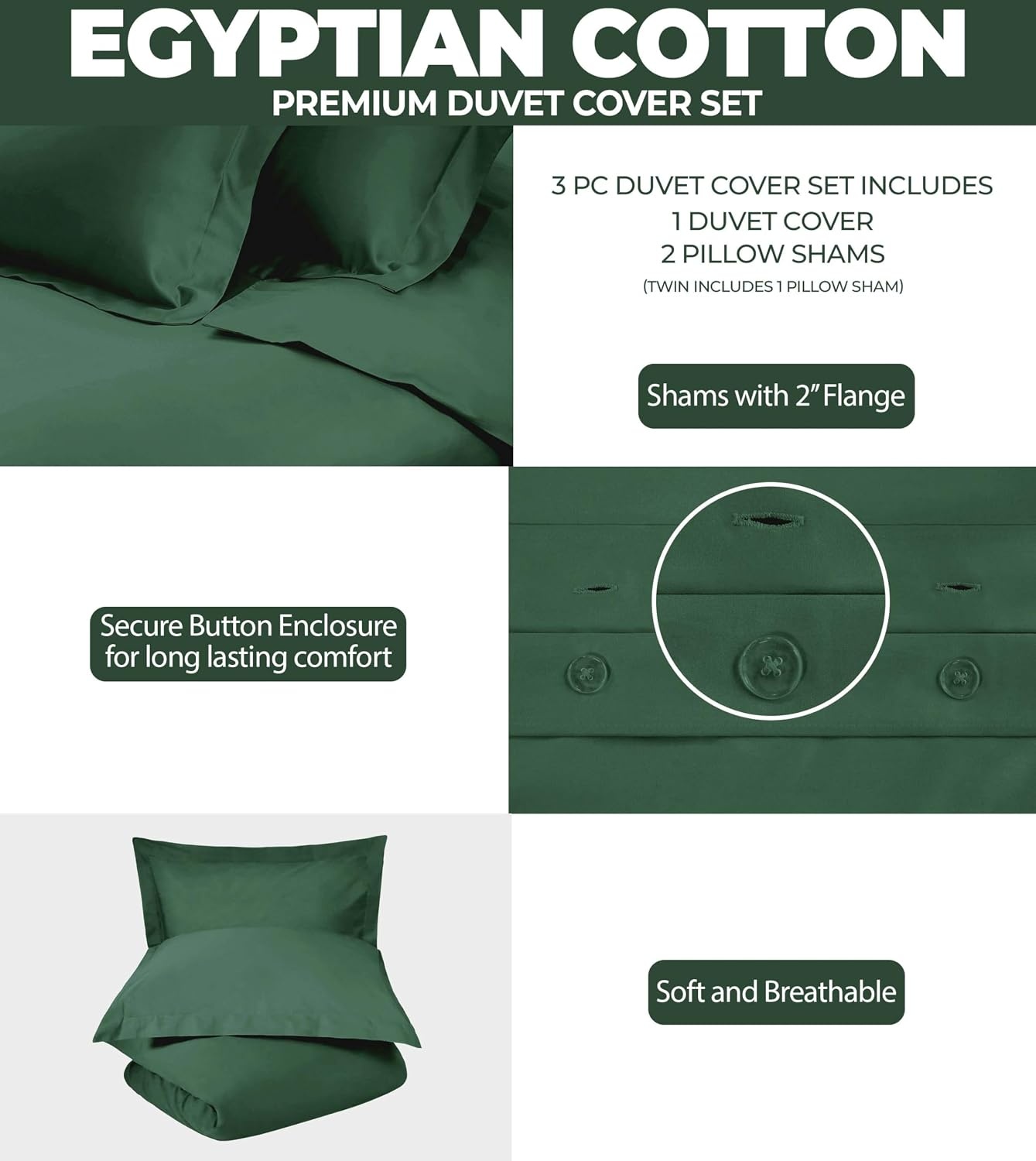 image:imageSuperior Egyptian Cotton 400 Thread Count Duvet Cover Set Soft Comforter Covers Luxury Bedding Essentials Button Closure Includes 1 Duvet Cover 2 Pillow Shams FullQueen WhiteHunter Green Z