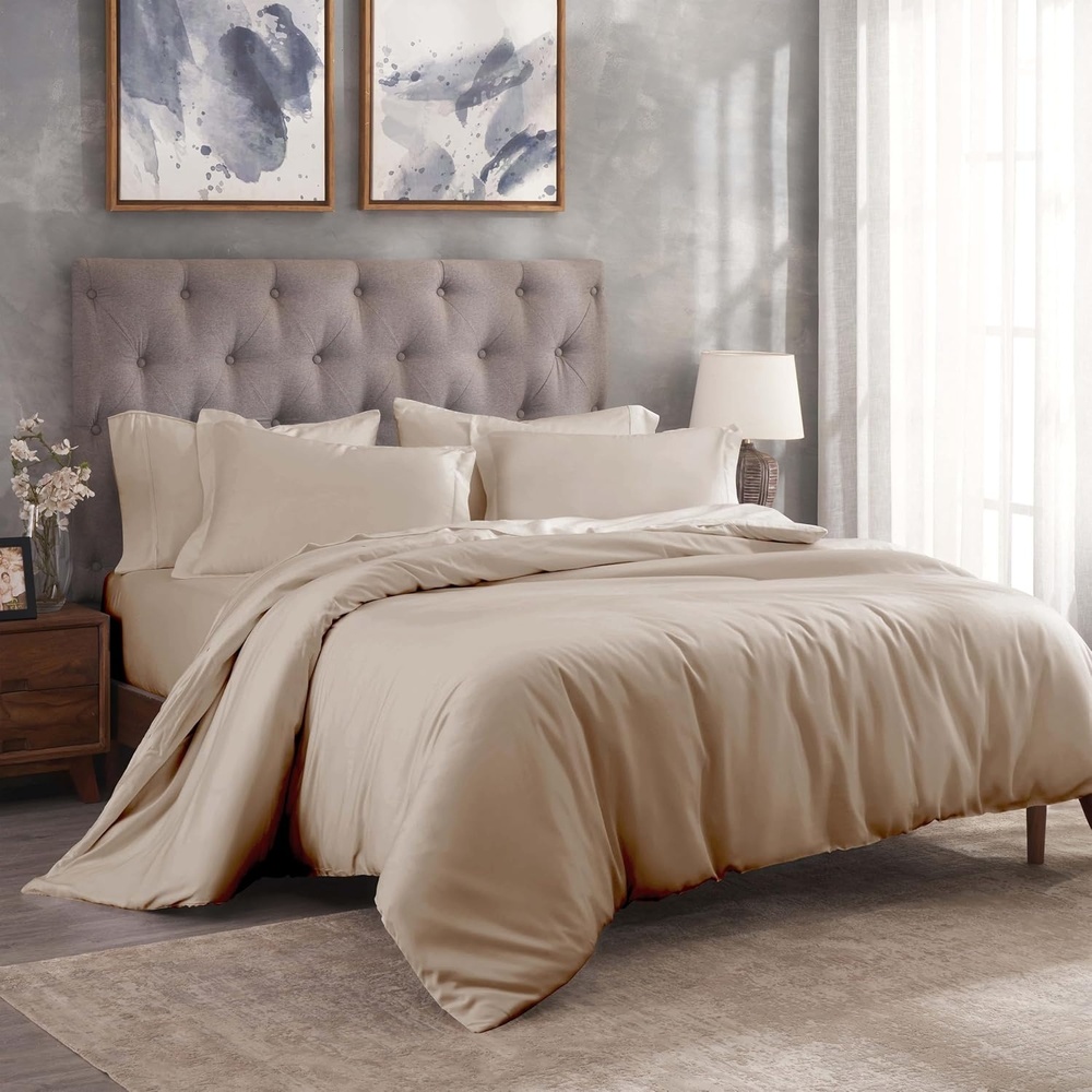 image:imageSuperior Egyptian Cotton 400 Thread Count Duvet Cover Set Soft Comforter Covers Luxury Bedding Essentials Button Closure Includes 1 Duvet Cover 2 Pillow Shams FullQueen WhiteTan Z