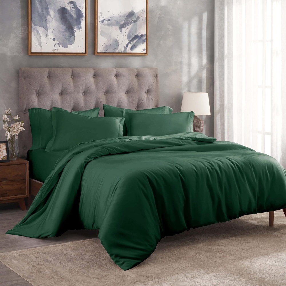 image:imageSuperior Egyptian Cotton 400 Thread Count Duvet Cover Set Soft Comforter Covers Luxury Bedding Essentials Button Closure Includes 1 Duvet Cover 2 Pillow Shams FullQueen WhiteHunter Green Z