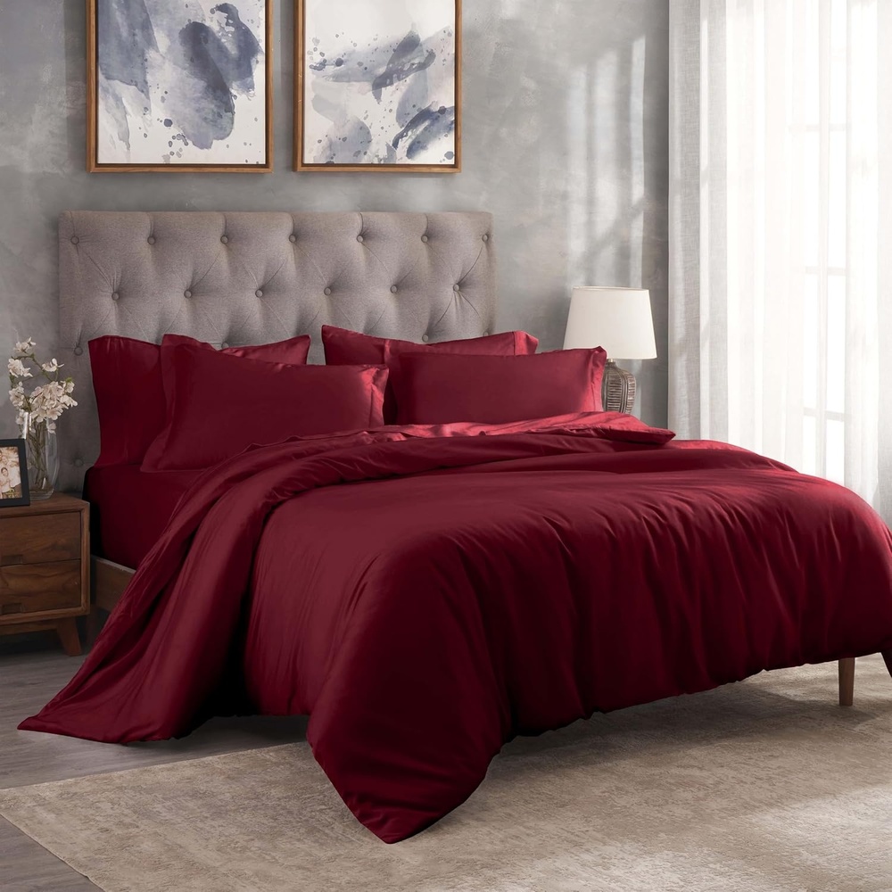 image:imageSuperior Egyptian Cotton 400 Thread Count Duvet Cover Set Soft Comforter Covers Luxury Bedding Essentials Button Closure Includes 1 Duvet Cover 2 Pillow Shams FullQueen WhiteBurgundy Z