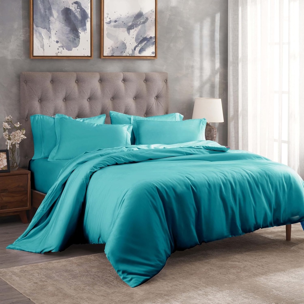 image:imageSuperior Egyptian Cotton 400 Thread Count Duvet Cover Set Soft Comforter Covers Luxury Bedding Essentials Button Closure Includes 1 Duvet Cover 2 Pillow Shams FullQueen WhiteTeal Z