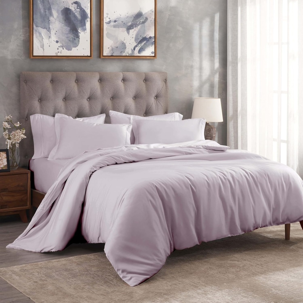 image:imageSuperior Egyptian Cotton 400 Thread Count Duvet Cover Set Soft Comforter Covers Luxury Bedding Essentials Button Closure Includes 1 Duvet Cover 2 Pillow Shams FullQueen WhiteLilac Z