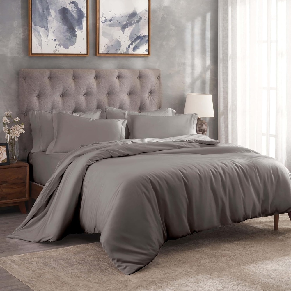 image:imageSuperior Egyptian Cotton 400 Thread Count Duvet Cover Set Soft Comforter Covers Luxury Bedding Essentials Button Closure Includes 1 Duvet Cover 2 Pillow Shams FullQueen WhiteGrey Z