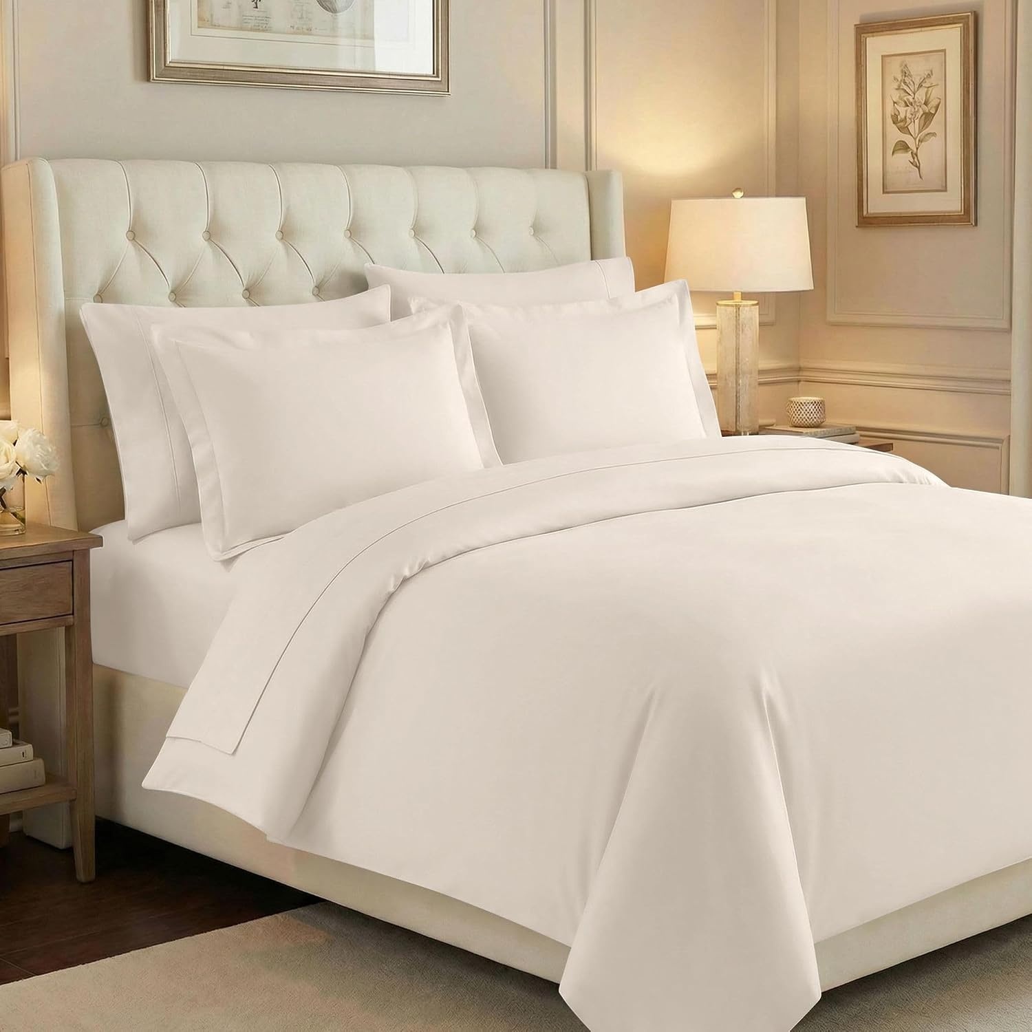 image:imageSUPERIOR 700 Thread Count Egyptian Cotton Duvet Cover Bed Set Luxury UltraSoft Modern Solid 3 Piece Bedding Set Included One Duvet Cover and Two Pillowshams White QueenIvory