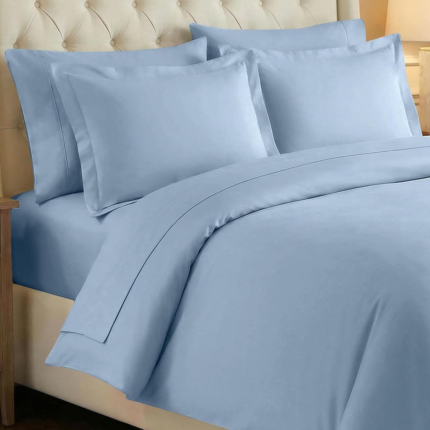 image:imageSUPERIOR 700 Thread Count Egyptian Cotton Duvet Cover Bed Set Luxury UltraSoft Modern Solid 3 Piece Bedding Set Included One Duvet Cover and Two Pillowshams White QueenLight Blue