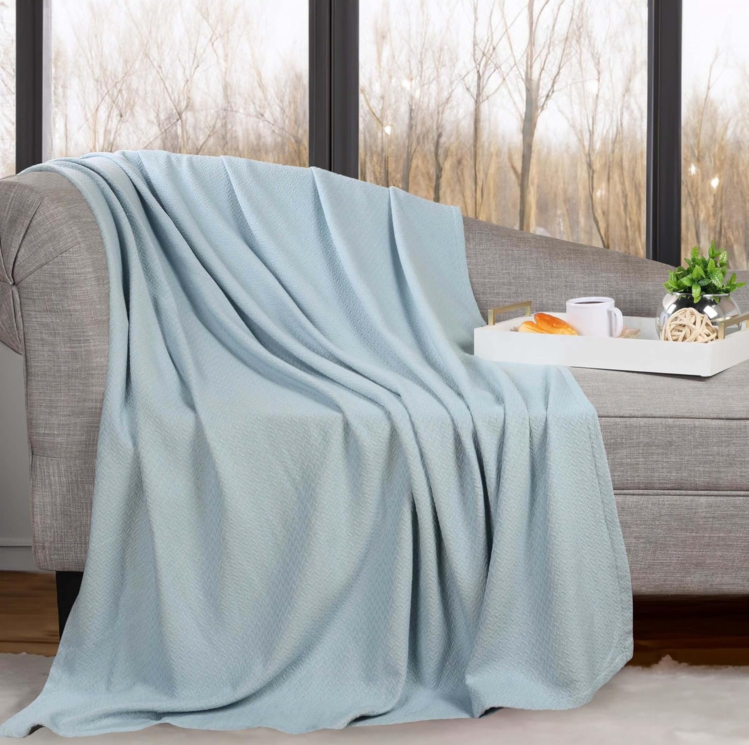image:imageSUPERIOR Nobel Cotton Blanket for Picnic Beach Traveling or Camping Bedroom Essentials Cover for Bed Couch Lounging Textured Jacquard Classic Chevron Woven Blanket California King WhiteLight Blue