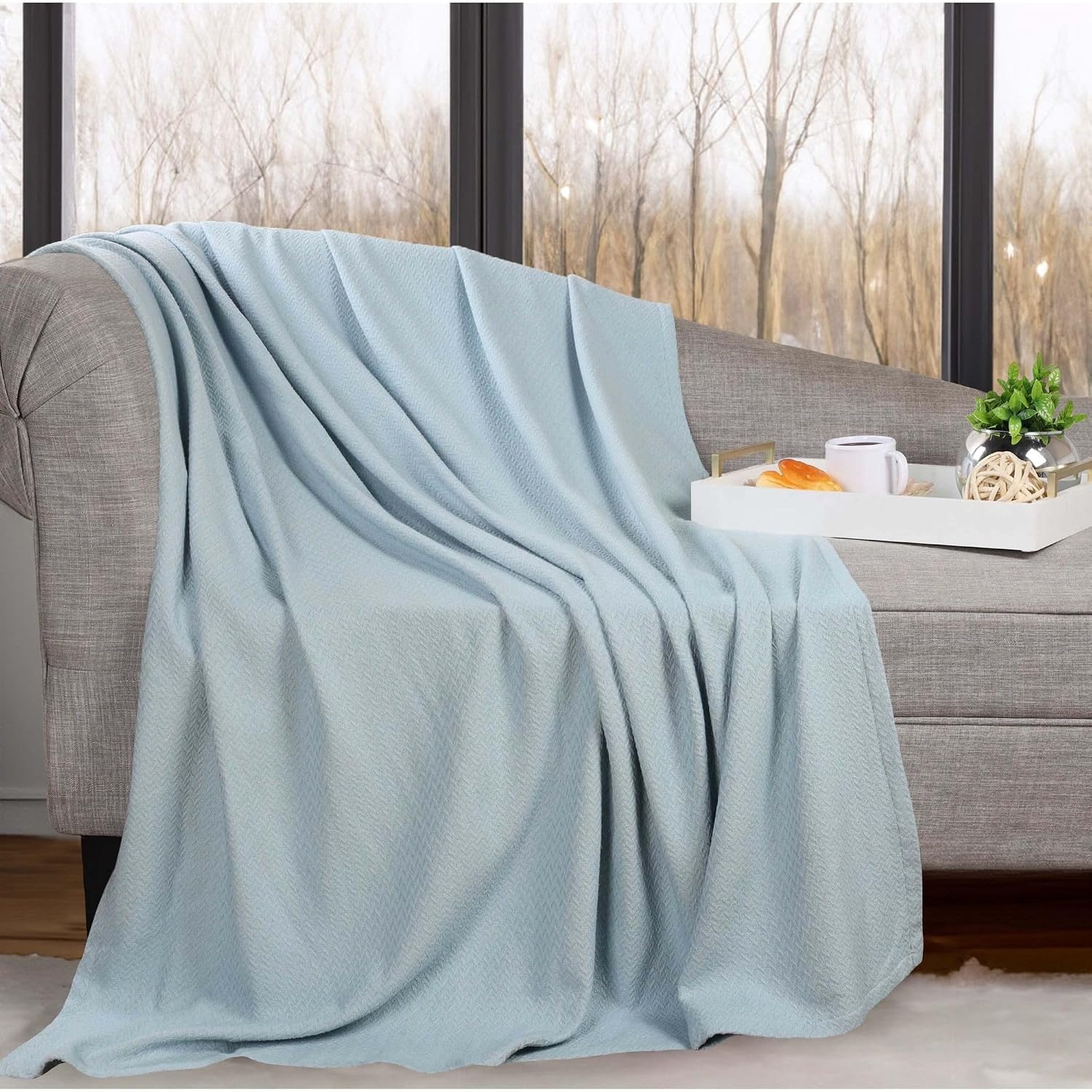 image:imageSUPERIOR Nobel Cotton Blanket for Picnic Beach Traveling or Camping Bedroom Essentials Cover for Bed Couch Lounging Textured Jacquard Classic Chevron Woven Blanket California King WhiteLight Blue