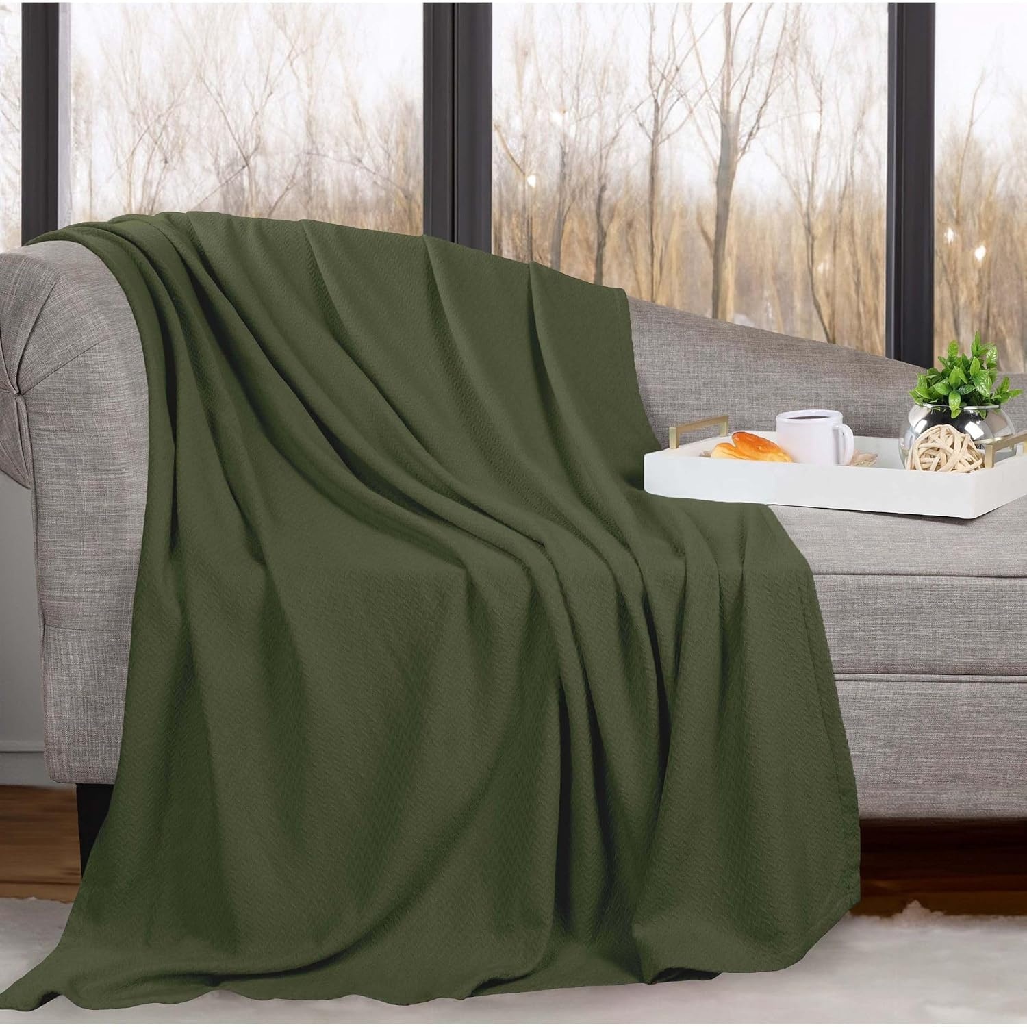 image:imageSUPERIOR Nobel Cotton Blanket for Picnic Beach Traveling or Camping Bedroom Essentials Cover for Bed Couch Lounging Textured Jacquard Classic Chevron Woven Blanket California King WhiteForest Green